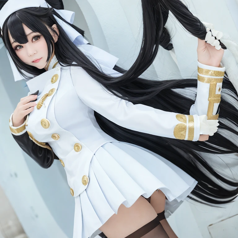 (masterpiece, best quality:1.2), (masterpiece, best quality:1.2),illustration,8k,hd,1girl,solo,cowboy shot,white_headwear,black_thighhighs,black_gloves,long_hair,large_breasts,hat,smile,gloves,fur_trim,long_sleeves,blush,cleavage,coat,fur-trimmed_coat,purple_eyes,white_coat,fang,bangs,one_side_up,star_\(symbol\),black_hair,wide_sleeves,black_bow,bow,white_dress,hair_bow,dress,jacket,<lora:Pamiat(azur)>,