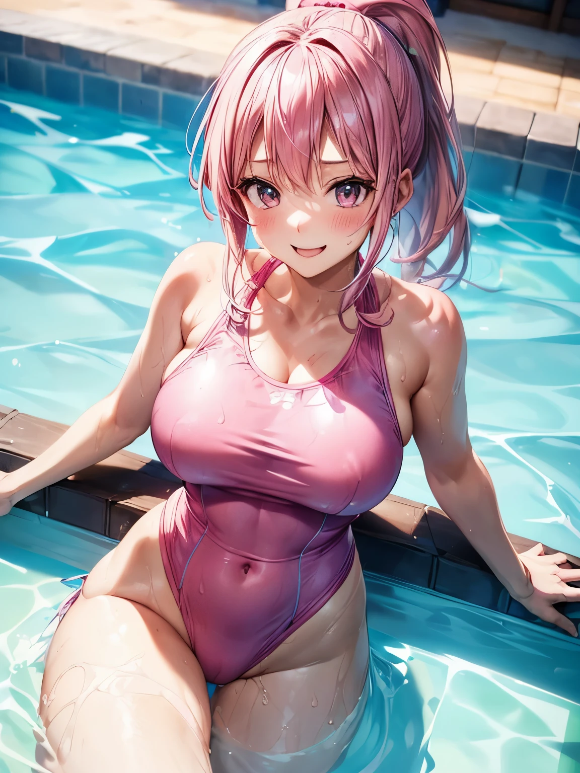 highest quality、((one beautiful woman))、beautiful big breasted woman、ponytail woman、(((pink haired woman)))、((A woman wearing a pink one-piece school swimsuit))、woman in the pool、big smile、wet texture