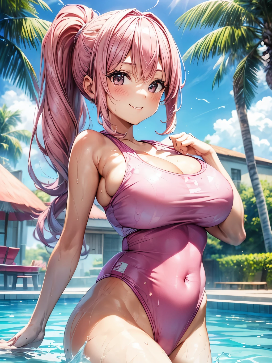 highest quality、((one beautiful woman))、beautiful big breasted woman、ponytail woman、(((pink haired woman)))、((A woman wearing a pink one-piece school swimsuit))、woman in the pool、big smile、wet texture