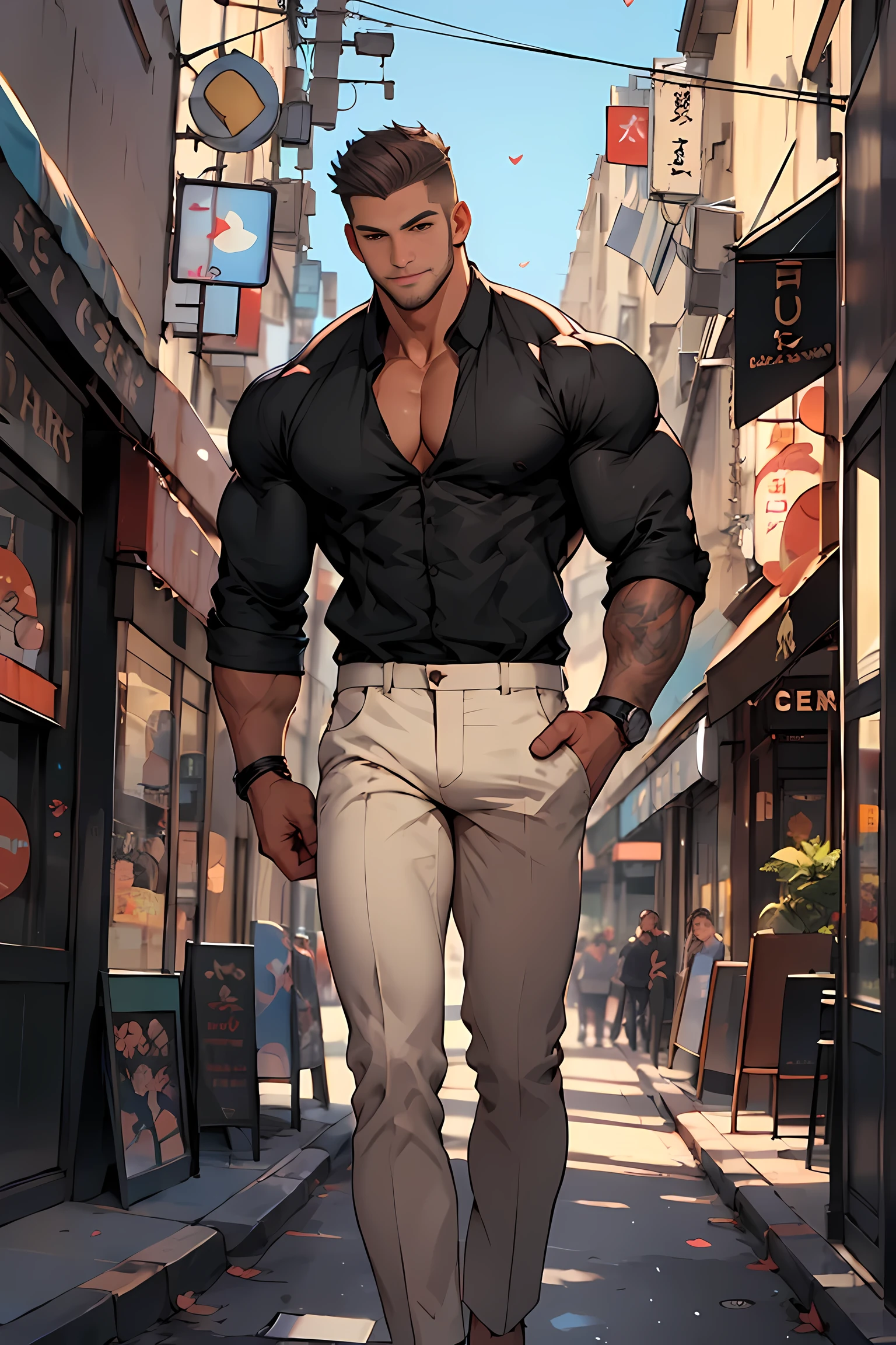 Man standing in the city, Muscular, (middle aged), Black Hair, short hair,  ((naked)), Hills and town