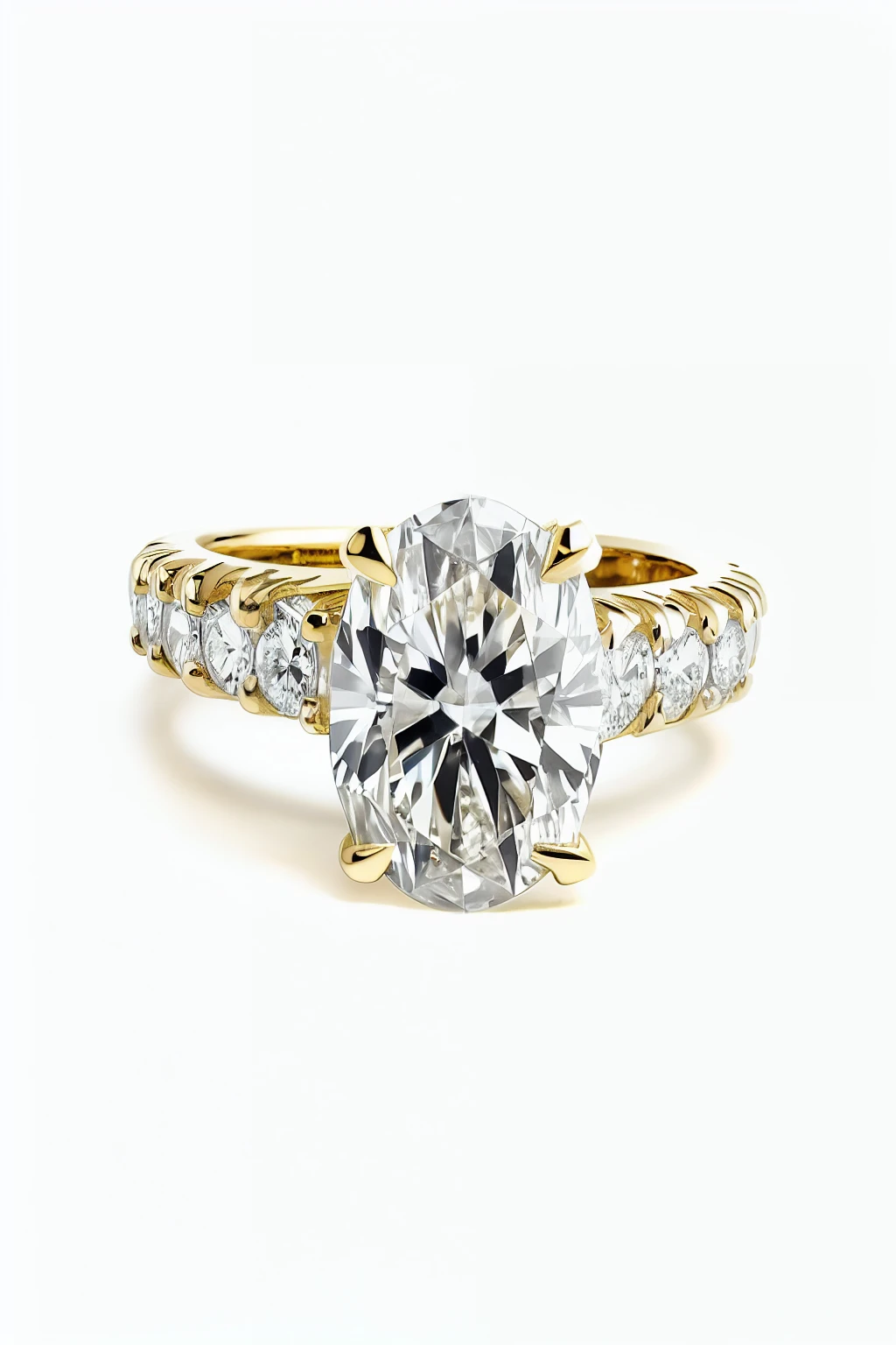 a close up of a diamond ring, 6 prongs, with a diamond band, perfect detail, "dramatic", jewelry photography, round, perfectly detailed, pretty, medium, precious, diamonds, highly detailed, full product shot, yellow gold, half image, beautiful, detailed wide shot