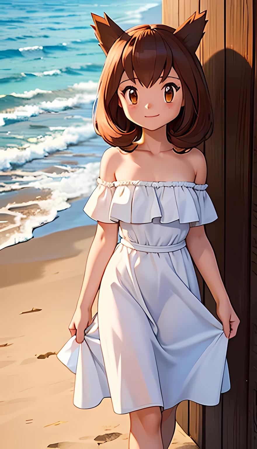 masterpiece, best quality, ultra-detailed, illustration, beautiful detailed eyes, very detailed illustration, cinematic lighting, 1 girl, solo, Pokemon Heroes (Bianca), Brown Hair, brown eyes, 1 girl, solo, bare shoulders, strapless, off shoulders, ruffle off the shoulder top, white maxi dress, intricate details, sharp focus, high resolution, beachside，evening light，early evening，sun down, walking on the beach barefoot, Coast, cowboy shot, light smile, blue skies, looking at viewers