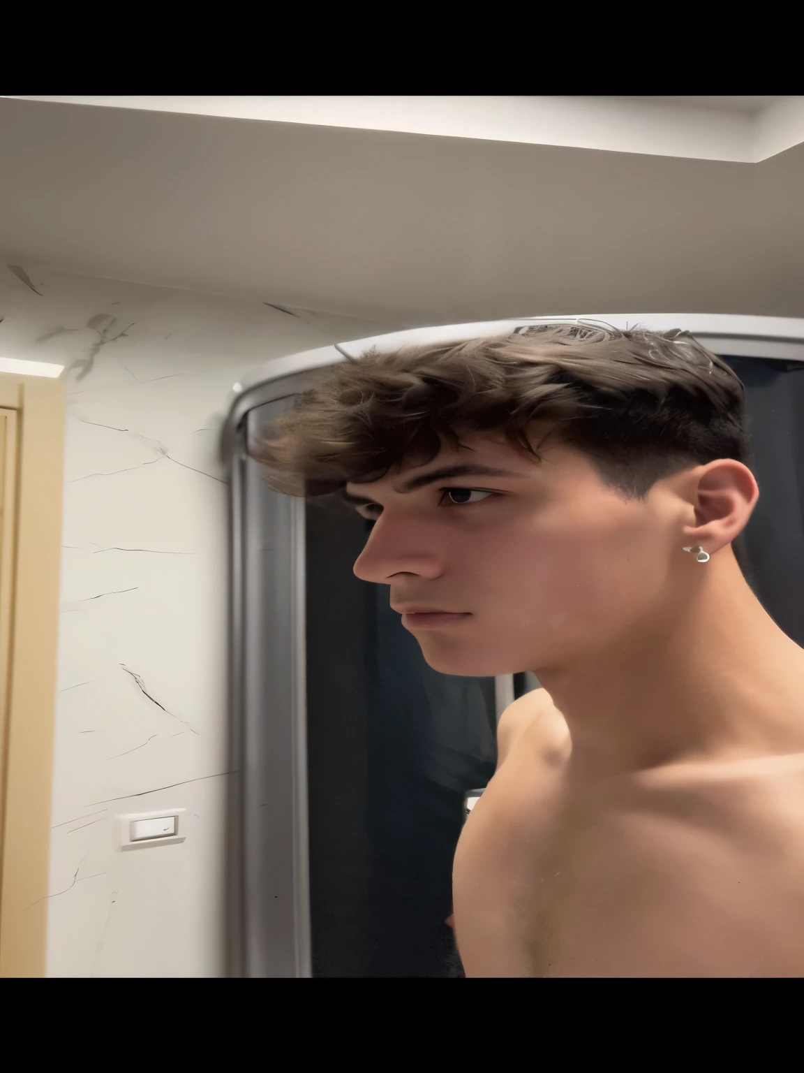 there is a man that is standing in front of a mirror, halfbody headshot, gauged ears, headshot profile picture, clean shaven wide face, 18 years old, twitch streamer / gamer ludwig, looking to the side off camera, slightly defined jawline, short hair on top of his head, tommy 1 6