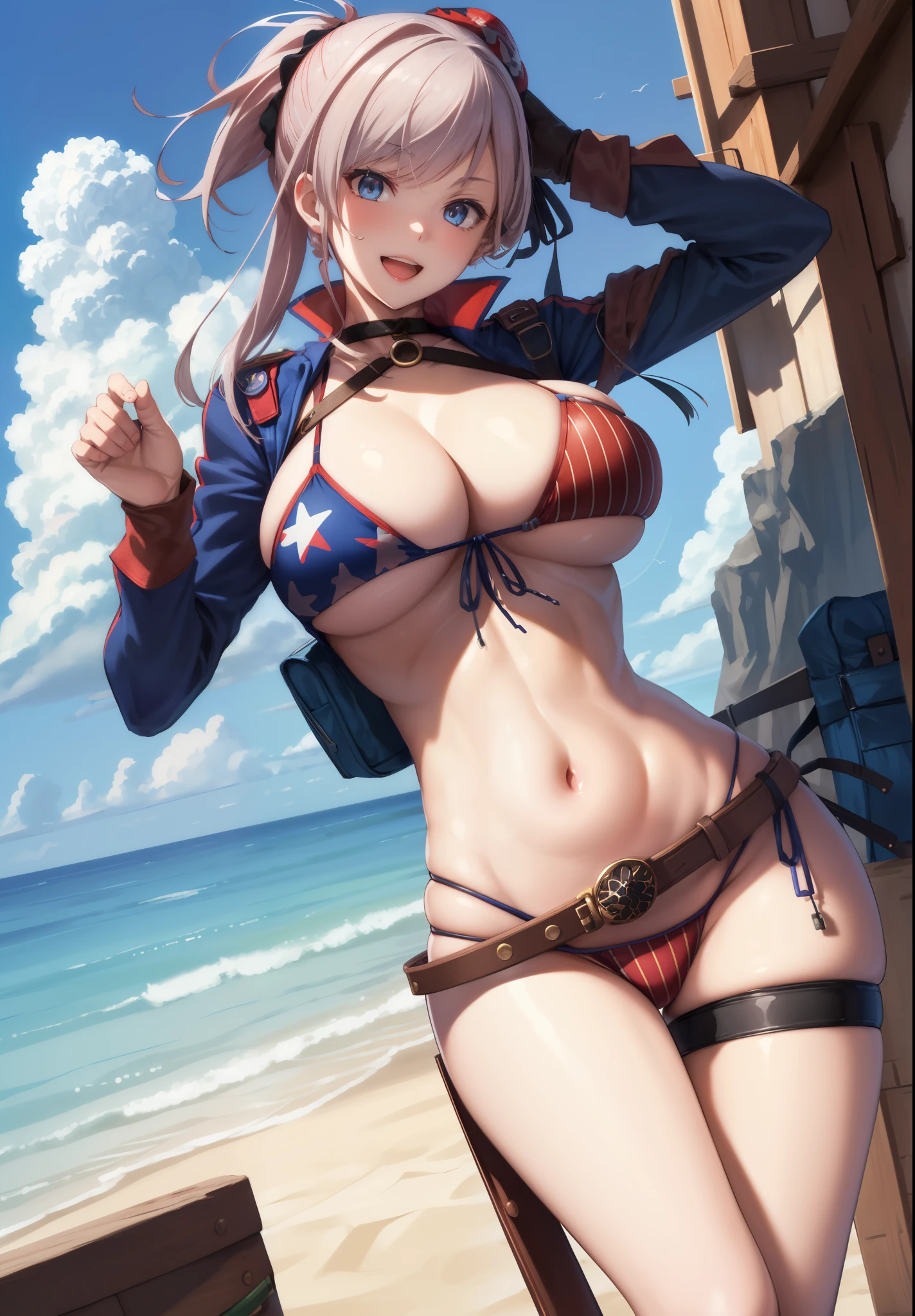 masutepiece, Best Quality, High resolution,Berserker 2, Flag pattern suit, 1girl in, huge long breasts, Naughty big、Big breasts emphasis, Solo,  Long hair, Sword, skyporn, Open mouth, Smile, Looking at Viewer, Blue sky, day, cloud, Holding, ocean, Belt bag,