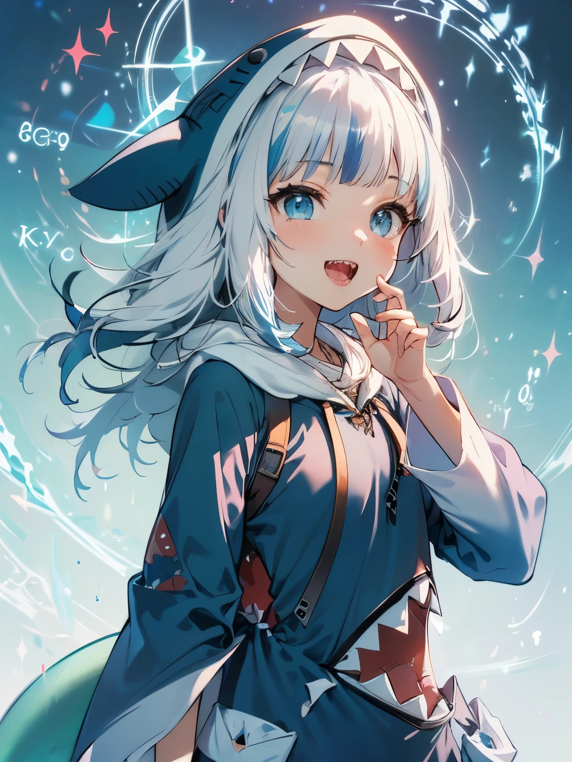 highest quality,wonderful,masterpiece,delicate,ultra high resolution,Super detailed,intricate details,beautiful,8K resolution,(Highly detailed CG Unity 8K wallpaper),sharp focus、anime、fiction、one woman、vivid hair、Shaggy hair、messy hair、vivid skin、Glossy skin、、lolita、short、young、kawaii、beautiful eyes、smile、gawr gura、sharp teeth, shark tail、blue hoodie, shark hood、Are standing、I can see the whole body、The Magic of Blue、Magic circle with light blue background、Hands are hidden and cannot be seen