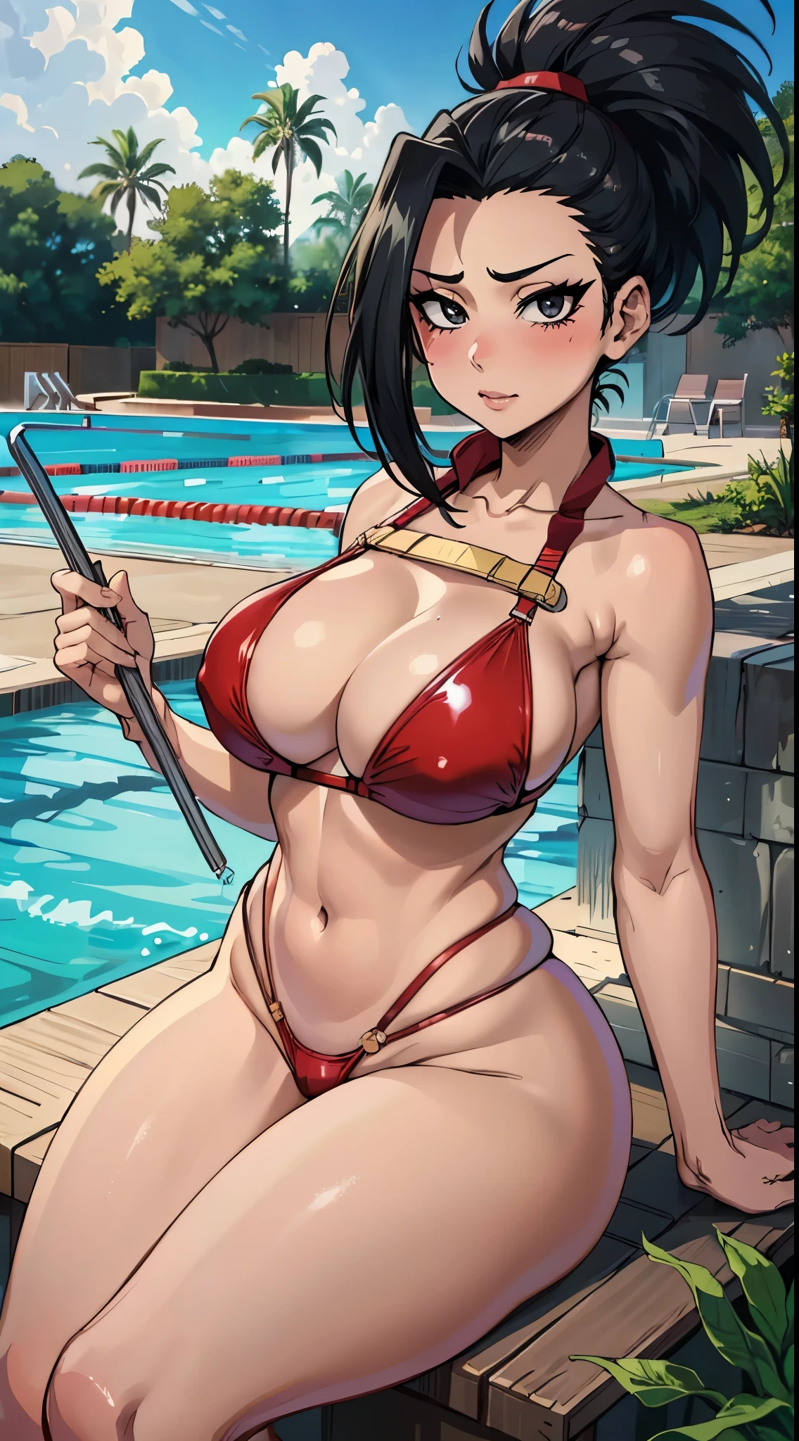 (best quality:1.3), yaoyorozu momo, busty, cleavage, bikini leotard, seductive, sexy, curvy body, big , ((thong bikini latex)), ((pool))