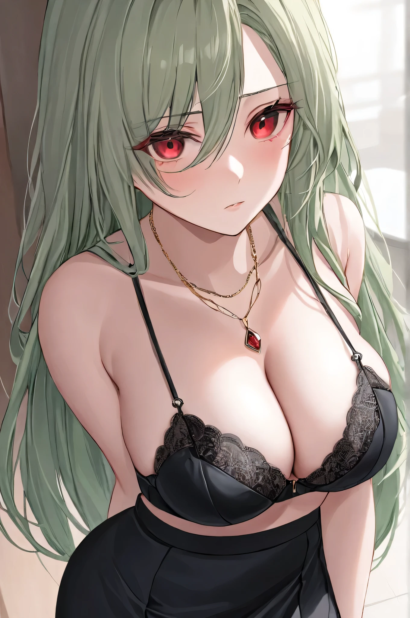 kelolinde,1girl,jewelry,breasts,skirt,solo,shirt,pencil skirt,black skirt,bra,cleavage,pantyhose,necklace,looking at viewer,holding,black bra,long hair, light green hair,red color eyes,detail face,detail hair,detail eyes,unfriendly face,