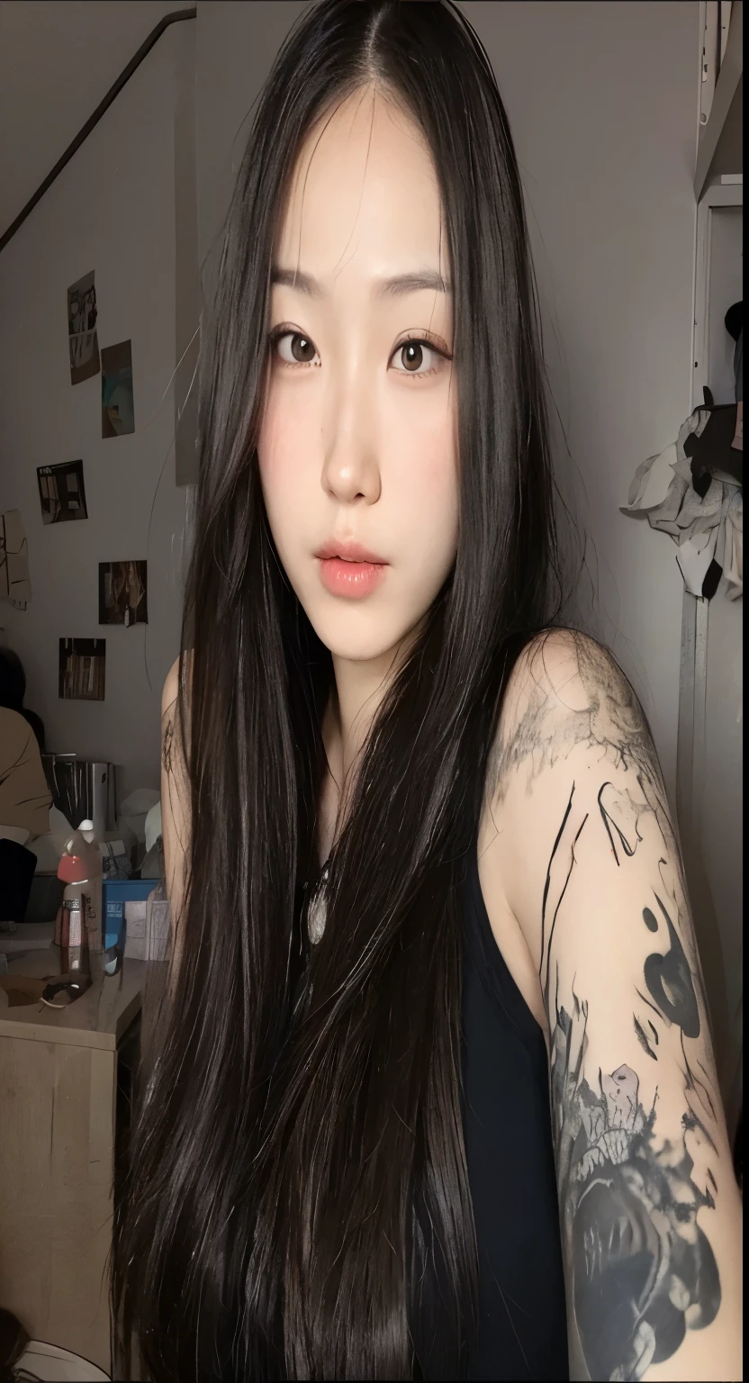 curvy woman with long black hair and a tattoo on her arm, cruel korean goth girl, Asian girl Com cabelo comprido, Com cabelo comprido, a young Asian woman, coreana, Asian girl, an Asian woman, asian features, de garota taiwanesa com tatuagens, Com cabelo comprido and piercing eyes, beautiful asian, asian women, young asian, Xision Wu