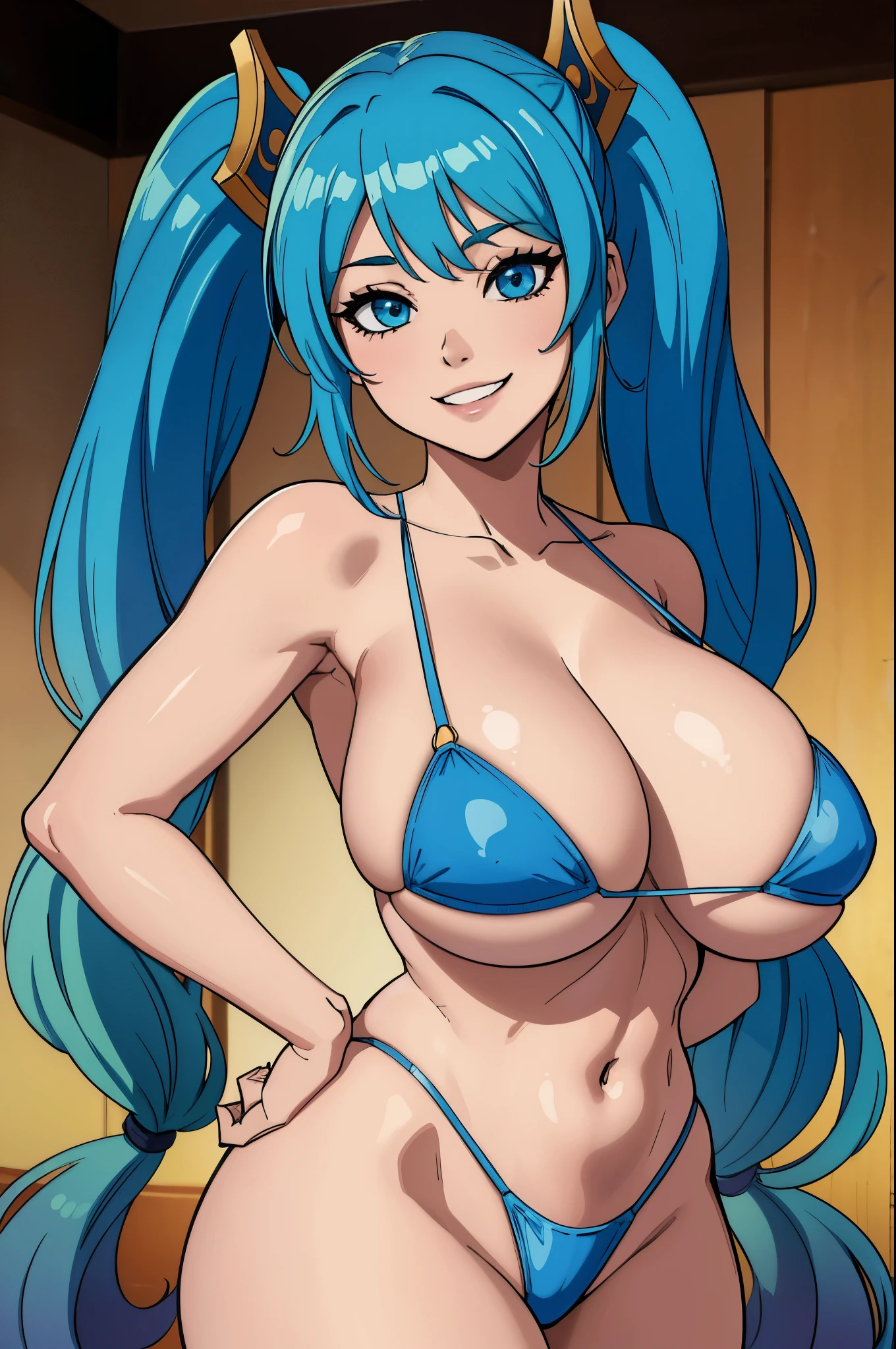 masterpiece, detailed, high quality, absurdres, 1girl, solo, shortstack, huge breasts, wide hips, thick thighs, cowboy shot, sona \(league of legends\), blue hair, blue eyes, gradient hair, twintails, hair ornament, smile, grin, blue micro bikini, closeup, upper body