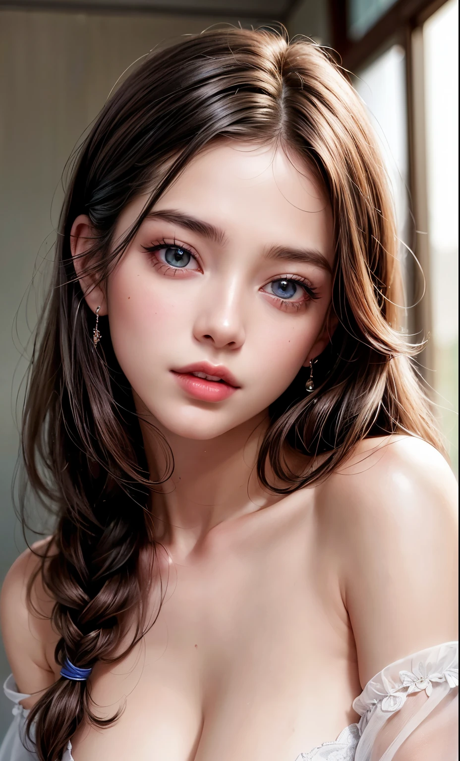 (8k, RAW photo, photorealistic: 1.25), (lip gloss, eyelashes, smiling, bright face, glowing skin, best quality, ultra high resolution, depth of field, chromatic aberration, caustic, wide lighting, natural shading) looking at the viewer with a serene bliss, diffused light, 1woman, (Ultra realistic, high res), (highly detailed eyes, highly detailed hair, highly detailed face, highly detailed plump lips), (off shoulder with open breasts), breasts, upper body, caute smile, (best quality:1.4), Raw photo, (realistic, photo-realistic:1.37), professional photography, cinematic light, (fine face: 1.2),fashion model 20 years old, cute, [[[[pure eyes]]]], [[[[closeup]]]], [[[[chest]]]], [[[[neck]]]], [[[[shoulders]]]], perfect eyes, perfect iris, perfect lips, perfect teeth, perfect skin, soft front light, glow, HDR, (muted colors:1.2), Retrato da mulher、white skin、((cabelo Castanho ondas suaves)) Best Blanco Romantico、8K resolution、Frente Illuminada、American girl portrait、solo、20-year-old、beautiful face、Upper body、medium side cut、beautiful black hair、beautiful little face woman, solo,　black theme,　look at the audience,one woman, It&#39;s real, Wolfzan-6500-V1.3, anime、anime style、beautiful diamond eyes、20 year old american girl、braided hair、swimsuit、portrait beautiful detailed woman, very detailedな青い顔, Reality, beautiful narrow blue eyes, huge file size, Super detailed, High resolution, very detailed, highest quality, masterpiece, An illustration, very detailed, ticker, Unite, 8K painting wallpaper, fine, fine details, masterpiece, highest quality, Hvery detailed ticker uniform 8K wallpaper, face light movie lighting、cute blouse, dark background, oil, masterpiece, diffused soft film lighting, Portrait, highest quality (perfect face:1.4),stunning girl pictures,(8K and、photorealistic:1.25) 、(lip gloss、eyelashes、shiny face、shiny skin、highest quality、超High resolution、Depth of the bounds written、chromatic aberration、caustic road lighting、natural shading、sexy 1girl, Extremely cute,