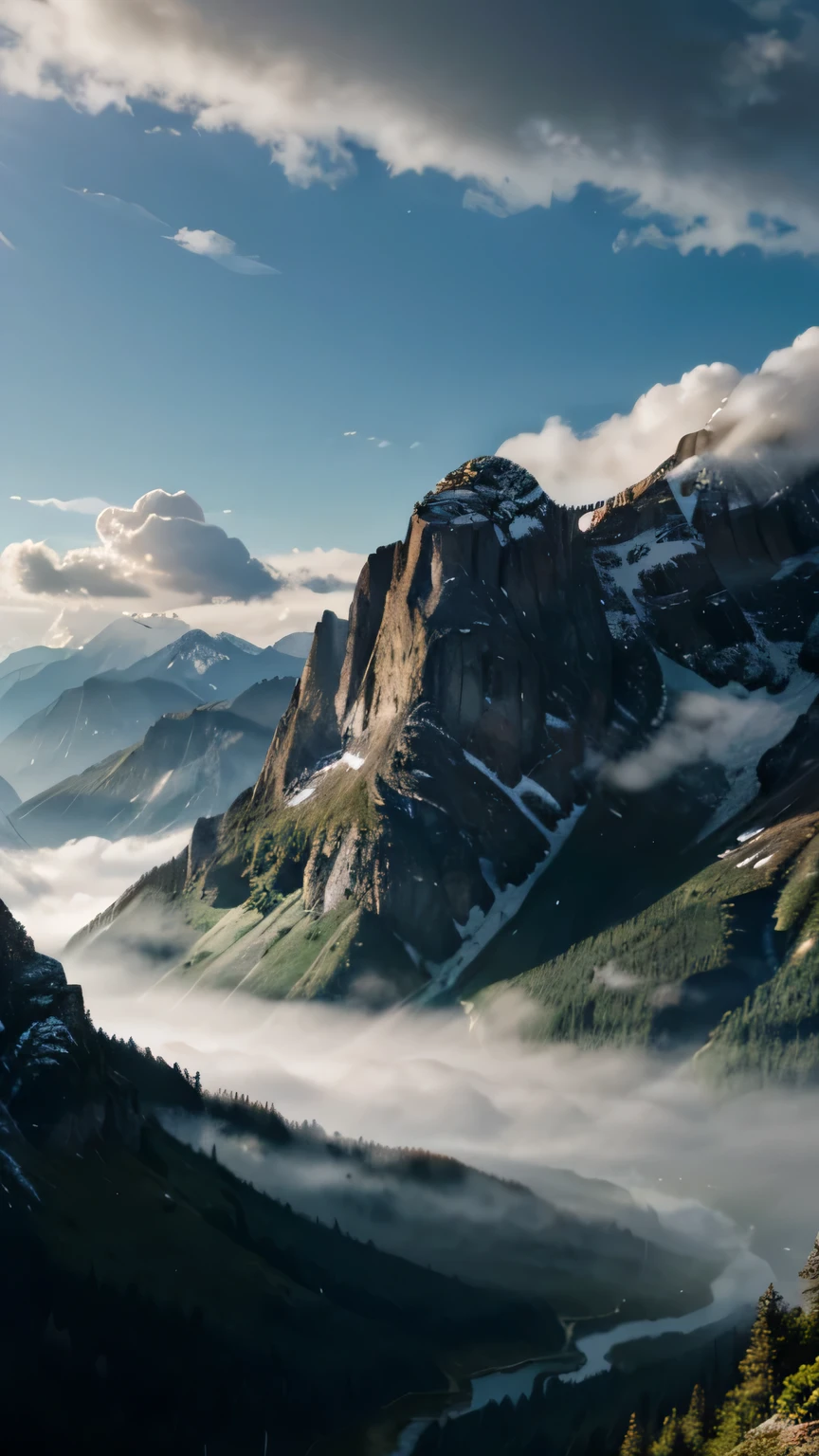 Image Type: Digital Painting
Style: A blend of realism and ethereal, capturing the grandeur of the mountains and the otherworldly presence of God.
Camera Shot: Wide shot, showcasing the vastness of the mountain range.
Render:
God stands on a rocky peak, bathed in warm sunlight filtering through clouds.
Majestic mountains surround him, their peaks piercing the sky. Lush valleys and a sparkling lake could be visible in the distance.
God's arms are outstretched in a gesture of communication or blessing.
A soft, ethereal light emanates from him, illuminating the surrounding area.
Clouds swirl around the peaks, adding a sense of mystery and awe.
Additional details:
You can include a faint rainbow arcing across the sky behind God.
If you prefer a more symbolic representation, God's form could be composed of light itself, taking the shape of a figure.