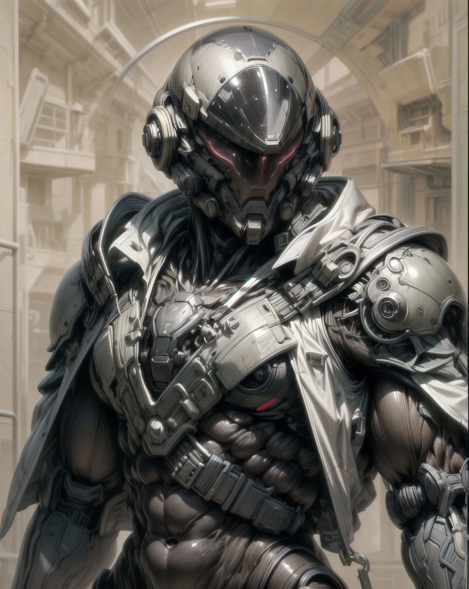 (((epic and visually stunning complex digital anime masterpiece:1.6, elegant decorated tactical military cyborg:1.3, ((gorgeous feminine male physique:1.3, graceful:1.4)) space soldier:1.3))), (((heavily muscled masculine chest:1.4, chiseled abs:1.4, heavily toned:1.4, slim yet muscular:1.3))), (((complex and beautiful:1.3, tactical:1.3, stunning scifi fantasy style:1.5, beautiful scifi style mechanical helmet:1.5, polarized visor:1.5))), (((elegant tactical double breasted trench coat:1.5, sleek exoskeleton:1.3))), (((form fitted armor plating:1.3, super sleek sensually revealing under suit:1.5, waist and thighs exposed:1.5)), ((flamboyant feminine essence:1.4, heavy mechanical gothic aesthetic:1.4)), ((androgynous body build)), (((toned yet heavily muscled gorgeous femboy physique:1.4, gorgeous perfectly defined muscles:1.4, toned sleek mechanical arms and legs:1.4, thick well rounded thighs:1.5, mechanical muscles))), ((((depth of field, cinematic lighting, chromatic aberration, ray tracing, UHD, masterpiece, top of head covered, super detail, high details, high quality, award winning, 8k, highres)))):1.6, (((dieselpunk, decopunk, artificial muscle))):1.6, (((beautifully engraved artdeco scifi style design:1.4)))