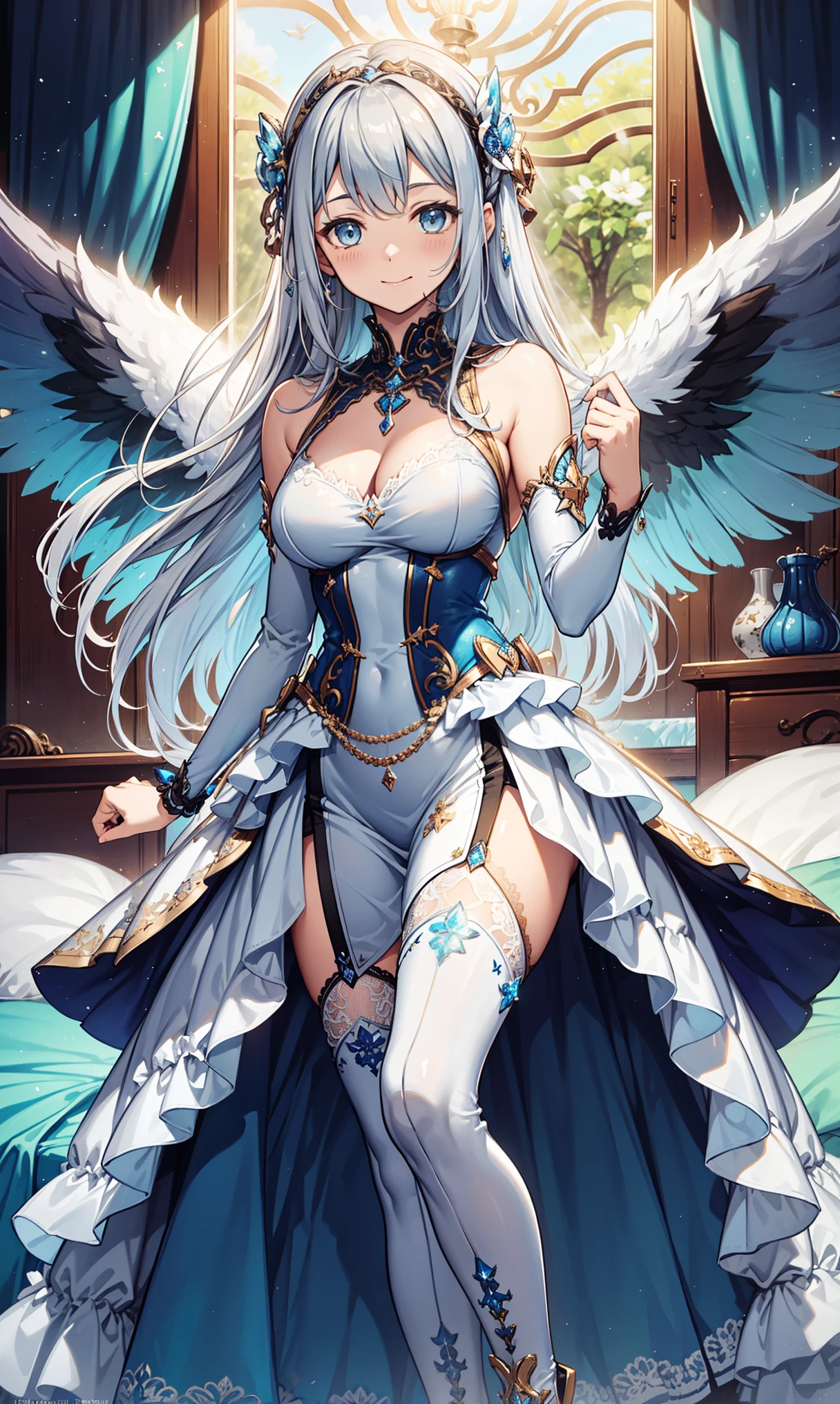saints,Attractions,having fun,in love,(Western magic white dress),silver hair,blue eyes,see through transparent clothes,Exquisite hair accessories,Transparent lace,Sky blue pattern,night,dress nicely,bedroom,the only person,night,Carved suspender boots