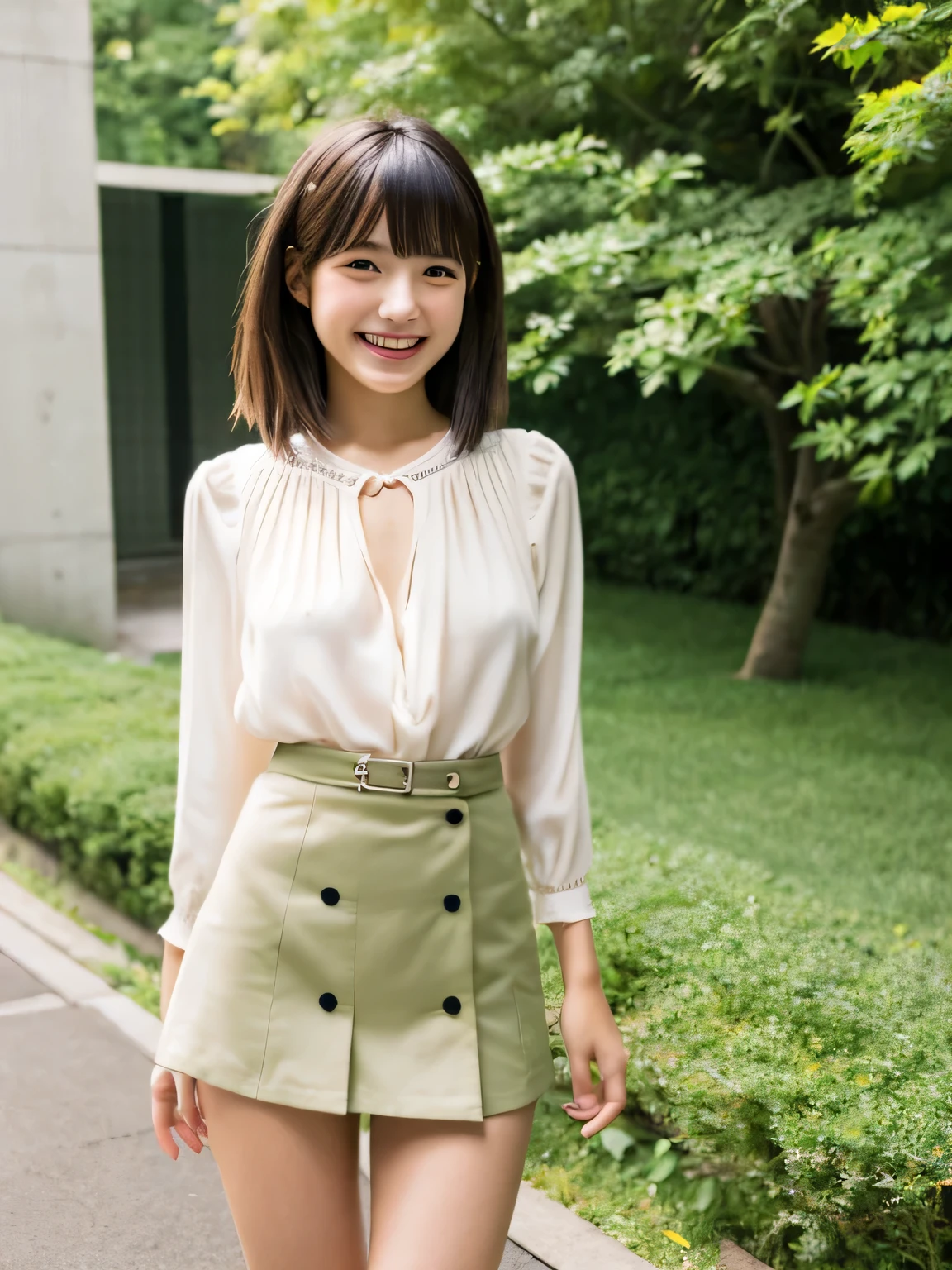 (cute japanese girl), outdoor, sexy 18 year old girl, slender body, thin chest, skirt, blouse, thin thighs, fashionable hairstyles, Are standing, laughter, 