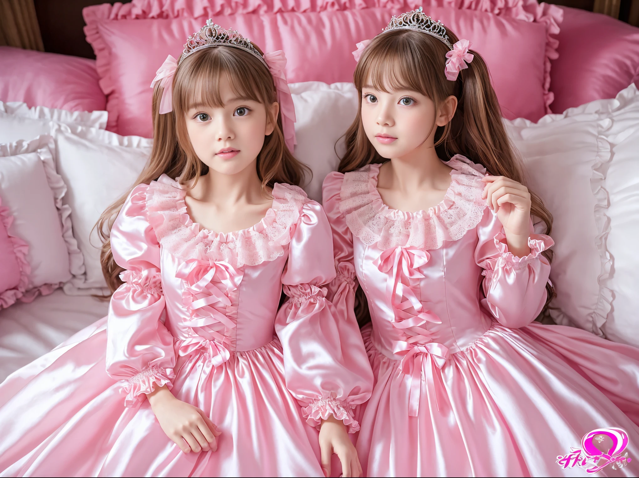 ,highest quality, masterpiece, highest resolution, artwork, super それにget used to it, many get used to it, get used to it, それにget used to it, 3K realistic photos,,((10 year old little girls)),Super detailed baby face,both are princesses,detailed luxury tiara,Full length ball gown dress with hoop skirt,ruffled yoke collar,Detailed braided ribbon on chest,puff sleeves,long sleeve,((lolita style hot pink princess satin dress、Comes with lots of frills and ribbons。)),crazy&#39;colorful fashion,shiny silk satin dress,soft and smooth silk satin fabric,luxury,Very long blonde hair,blue eyes,white skin european,pajamas,Princess dancing happily,gorgeous flowing dress,fine white frills and lace,Super long hair that is as tall as your body,white long socks,drawers with lots of frills,castle bedroom at night,Super long flowing hair,Luxurious giant canopy king size bed in the back,Pink pillow with lots of frills,Silk satin pink curtains with luxurious ruffles and ribbons surround the bed,princess sitting on bed,lots of pillows piled up on the bed,(((Both legs are completely hidden inside the dress.))),((((round futon)))),((((A large ruffled futon that covers the entire bed)))),detailed comforter,Detailed bed sheets,bed skirt with ruffles,