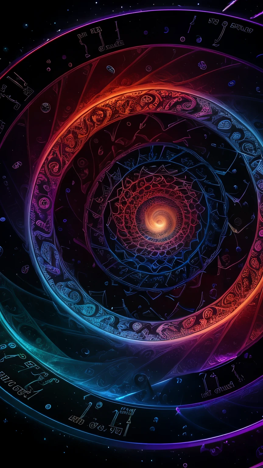 a breahtaking epic artwork, a spell breaking the laws of phisics, (will break your mind, patterns, science, determinism, fate), crazy, surreal, non stoping entropy, space-time fabric, particles. lines, rectangles, spiral, (fibonacci),