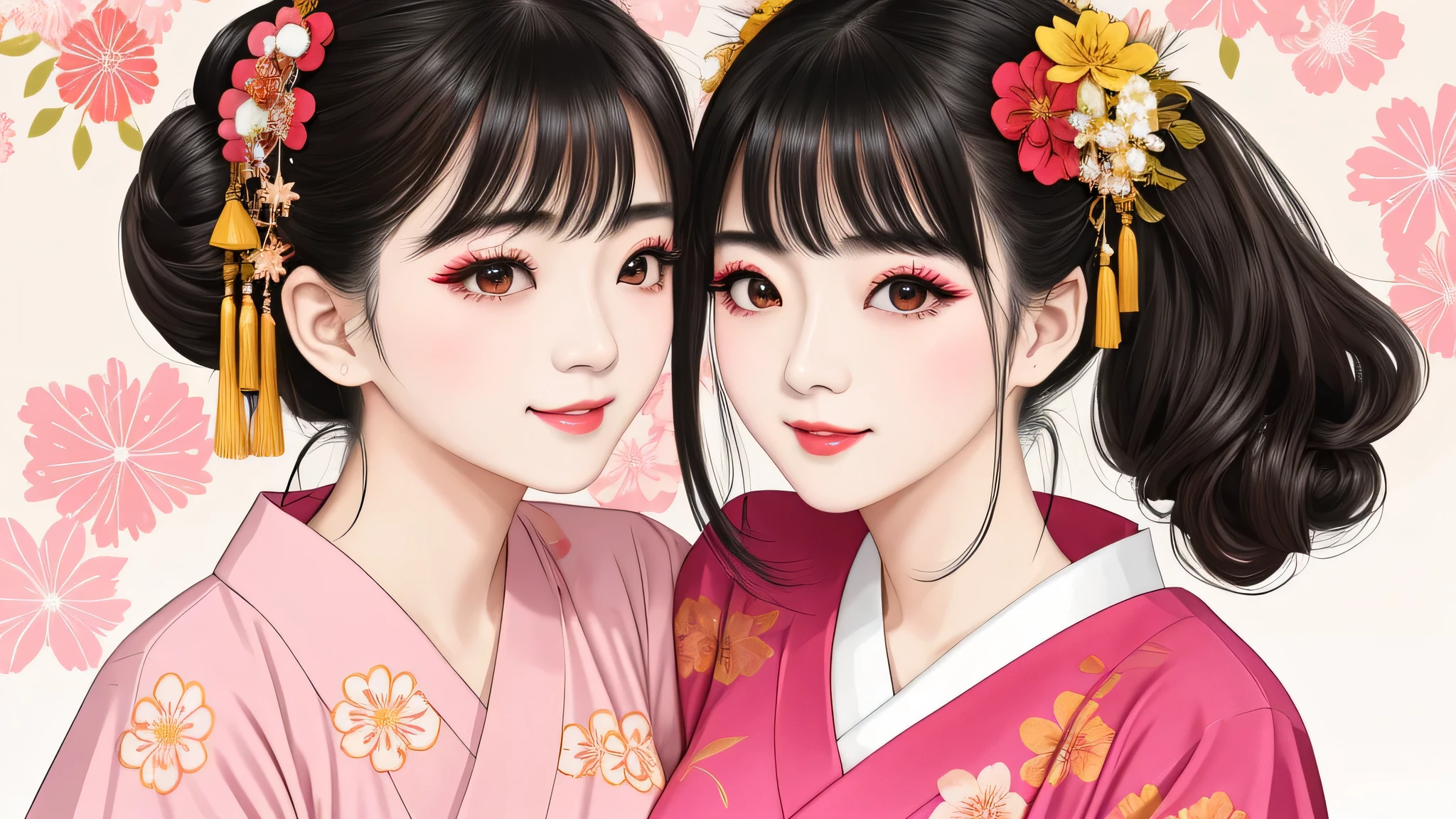 Each has a different expression2People and sisters、(2 girl)、⦅Dancing elegantly in traditional performing arts)、((big breasts、small face、not exposed))、highest quality、masterpiece、(black hair、bun hair)、brown eyes、⦅wide angle、Angle from above, from the waist up、雑誌の表紙のstop temporarily、The way people see things in the distance differs from person to person.⦆、(8K high quality、masterpiece、High resolution、Realistic and beautiful light and shadow、(highest quality)、(High resolution)、(very delicate and beautiful)、(Beautiful 8K face)、(Close your eyes while smiling、beautiful eyes)、(transparent skin)、(Soft bristles)、(8head and body)、(red Japanese style yukata, pink, and orange floral pattern on a white background, mixed with gold powder、Wearing a yukata2日本の美しいgirl)、((tanabata decoration background))、((small face))、(Raise the hand)、thin and small nose、(red lipstick)、(make your cheeks red)、(Glossy skin)、((Ink painting style))、extremely thin eyebrows、Super high quality overall、(she wears maiko style makeup)、whitening、long and beautiful eyelashes、Glossy skin、(red cheeks),straight nose、masterpiece、highest quality、whole body、 eyebrows visible through hair、bun hair、grin and laugh、gal、コgal、viewer'point of view、plaid、Snazzy、woman、Are you okay、stop temporarily、
waiting to start