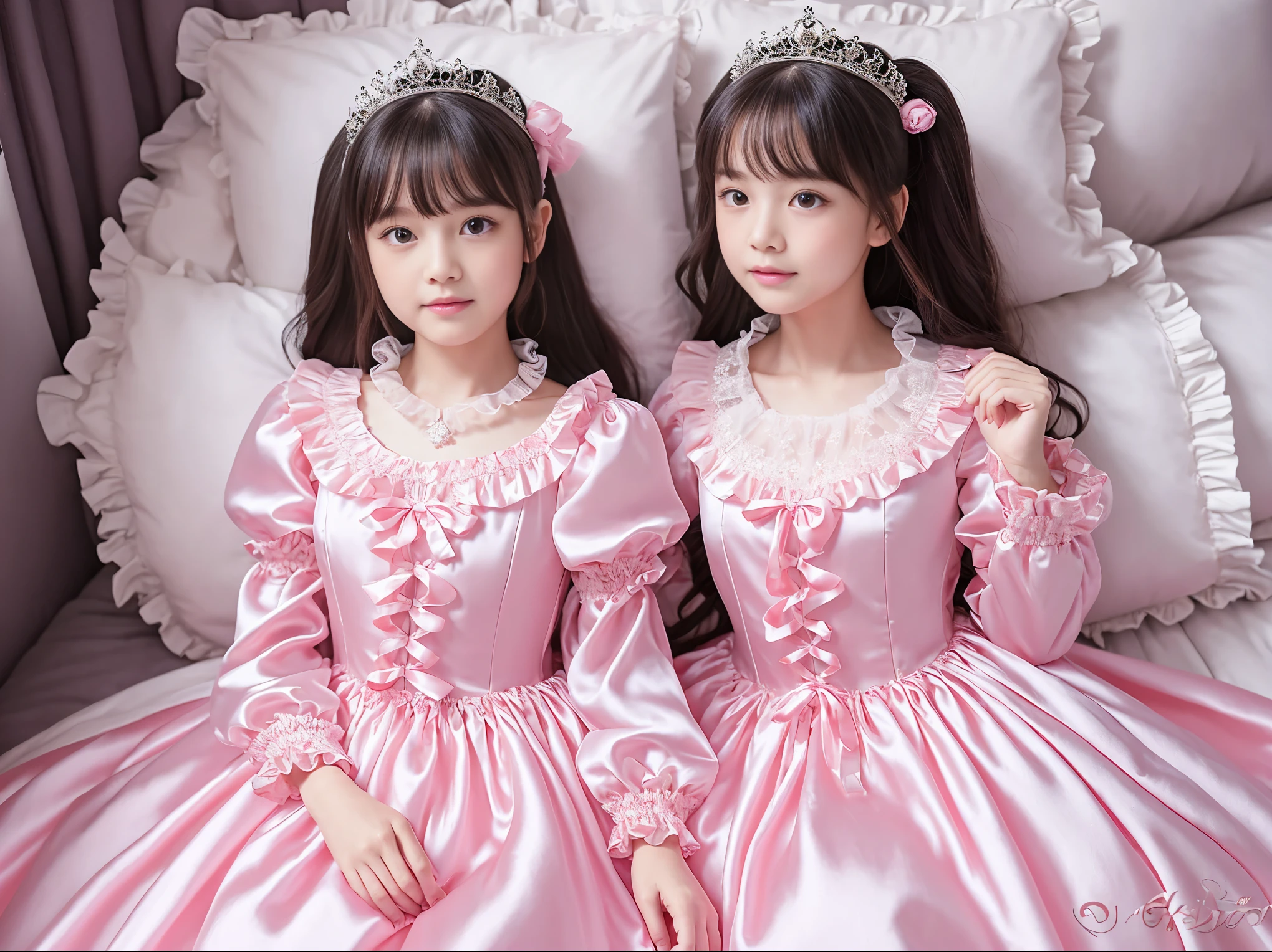 ,highest quality, masterpiece, highest resolution, artwork, super それにget used to it, many get used to it, get used to it, それにget used to it, 3K realistic photos,,((10 year old little girls)),Super detailed baby face,both are princesses,detailed luxury tiara,Full length ball gown dress with hoop skirt,ruffle yoke collar,Detailed braided ribbon at chest,puff sleeves,long sleeve,((lolita style hot pink princess satin dress、Comes with lots of frills and ribbons。)),crazy&#39;colorful fashion,shiny silk satin dress,soft and smooth silk satin fabric,luxury,Very long blonde hair,blue eyes,white skin european,pajamas,((inside the palace)),Princess dancing happily,gorgeous flowing dress,fine white frills and lace,Super long hair that is as tall as your body,white long socks,drawers with lots of frills,castle bedroom at night,Super long flowing hair,on the bed,Luxurious canopy on the bed,Huge, spacious bed,Pink pillow with lots of frills,Silk satin pink curtains with luxurious ruffles and ribbons surround the bed,princess sitting on bed,Pillows piled up behind the princess,Long hair scattered like a fan on the bed,(((Both legs are completely hidden inside the dress))),((((round futon)))),((((A large futon with frills that covers the entire bed)))),detailed comforter,Detailed bed sheets,