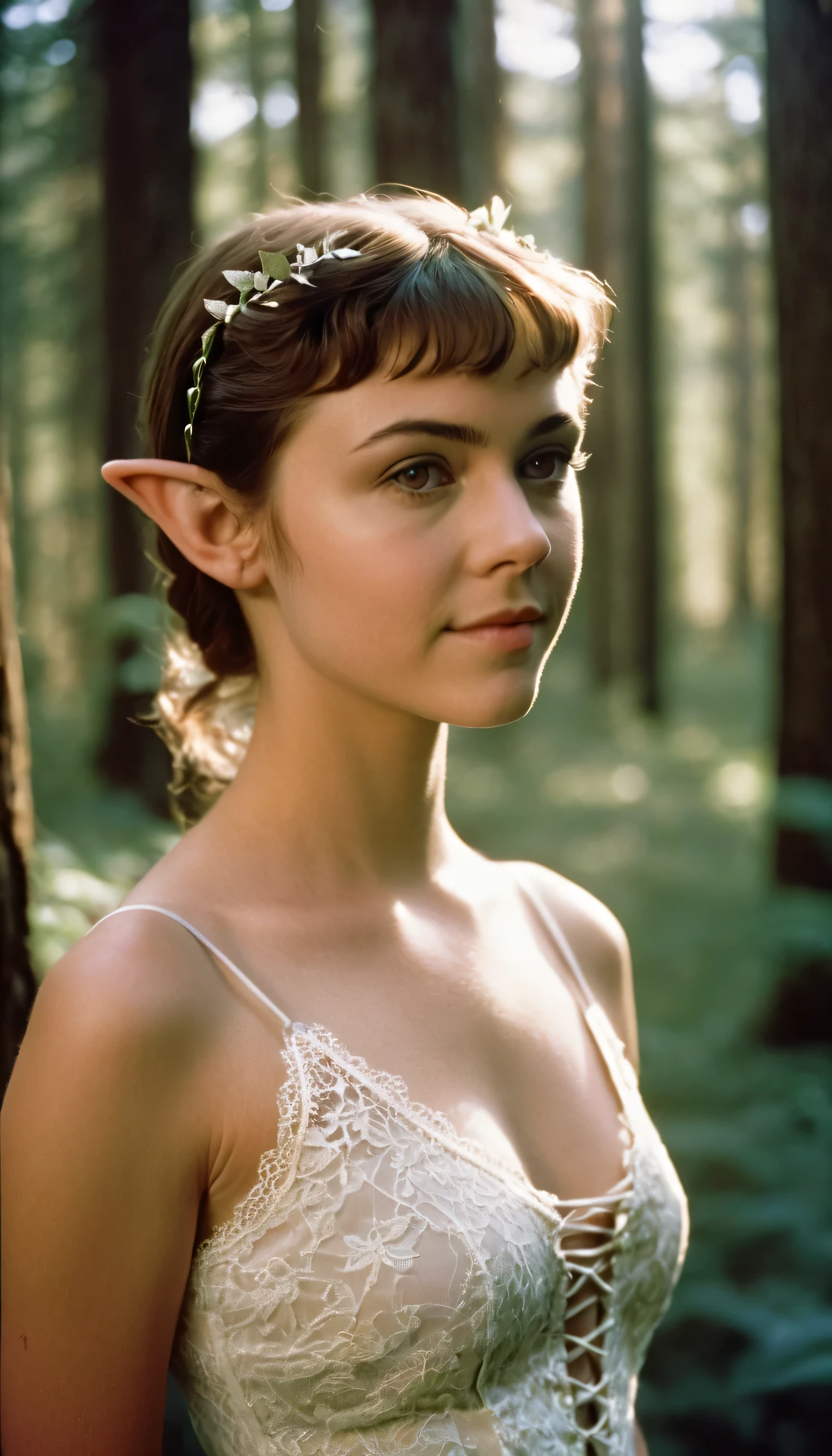 analog film photo, photo of a young woman, 18 years-old, (lace-up tank top:1.1), elf, elf ears, long pointy ear tips, brown eyes, light-brown sun-tanned skin, goosebumps, pretty, natural beauty, resembles a young Mary Elizabeth Winstead, chilly morning, elven forest, RAW Photograph, dslr, soft lighting, high quality, film grain, Fujifilm XT3, detailed skin with visible pores, insane details, masterpiece, 8k, 35mm photograph, dslr, kodachrome, faded film, desaturated, 35mm photo, grainy, vintage, Kodachrome, Lomography, stained, highly detailed, found footage, close-up shot, elven ears