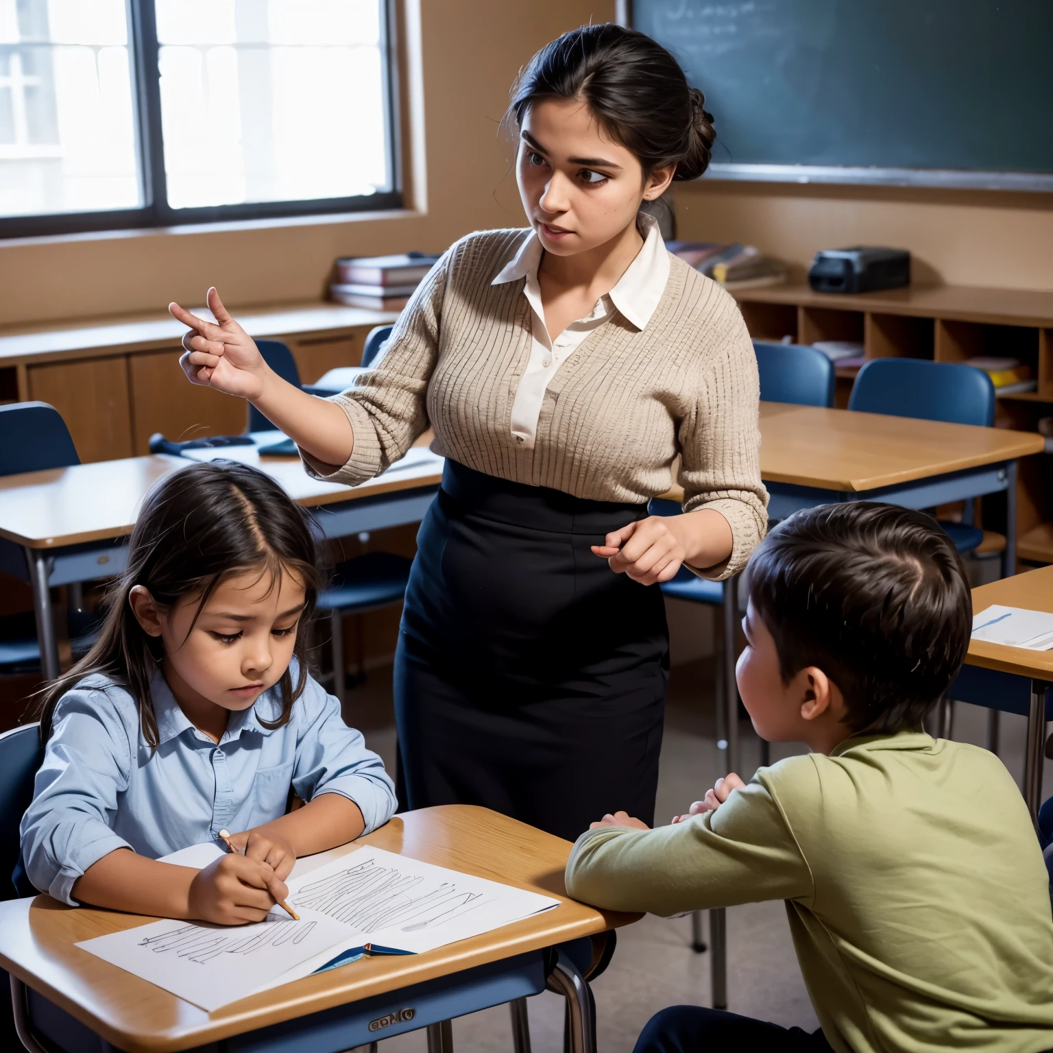 RAW, Best quality, high resolution, Masterpiece: 1.3,
Famous Chilean teacher, Gabriela Mistral,
Masterpiece, Engaging scene, Classroom,
Many attentive children, Looking at Gabriela Mistral,
Realistic, Detailed, 1 scene,
Warm lighting, Wide angle shot,
Gabriela Mistral, Dressed in teaching attire,
Hands gesturing for explanation,
Children with diverse backgrounds and expressions,
Classroom setting with chalkboard, Desks and chairs,
Detailed facial features, Expressive eyes,
Sharp focus on Gabriela Mistral,children's faces, 