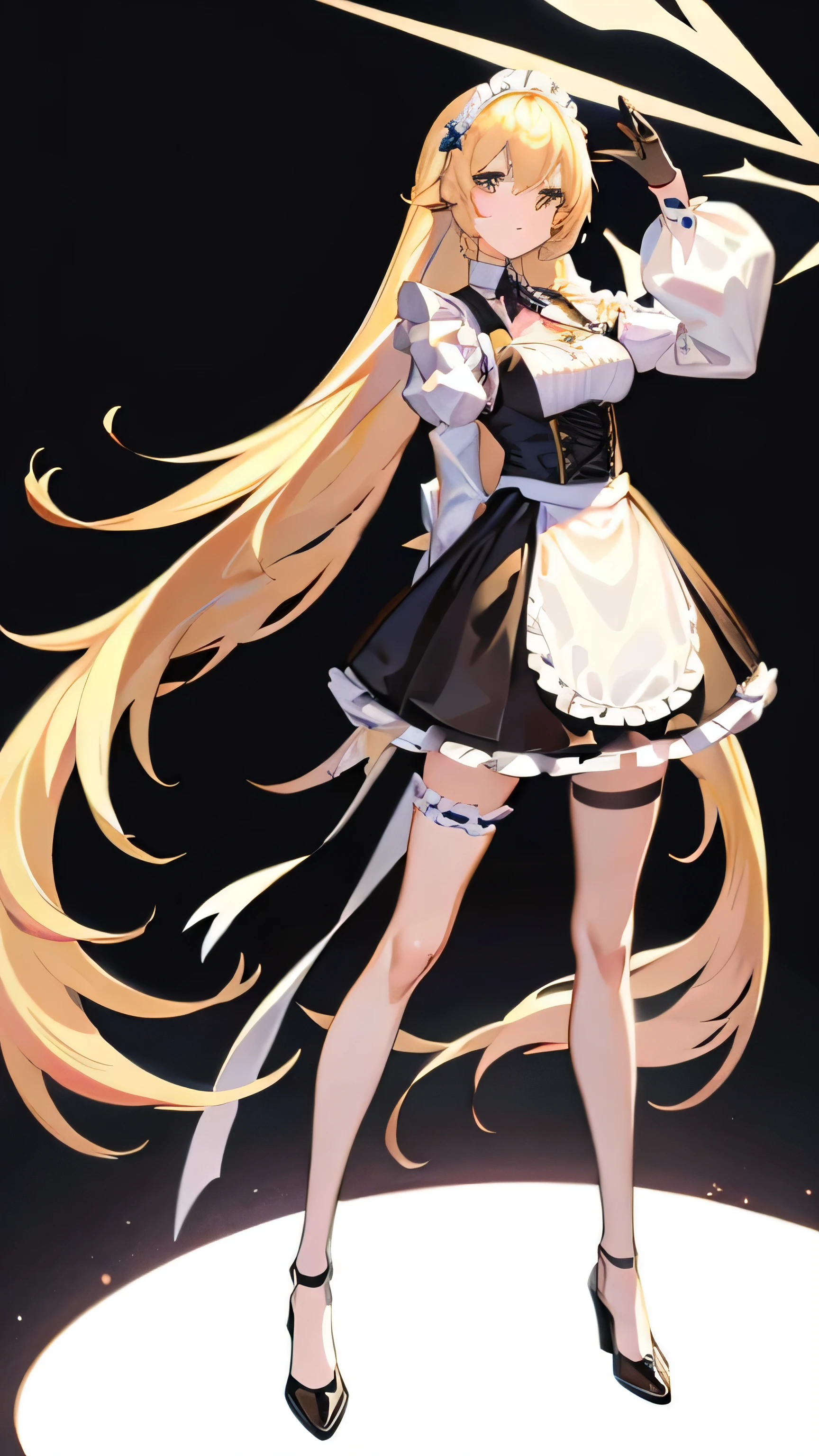 Anime style , young girl, 12 years2girls, very long blonde hair frinje, blue eyes , disgusted face, blush , maid uniform, flat chest, lifting her skirt showing pantie, garterbelt , long socks.