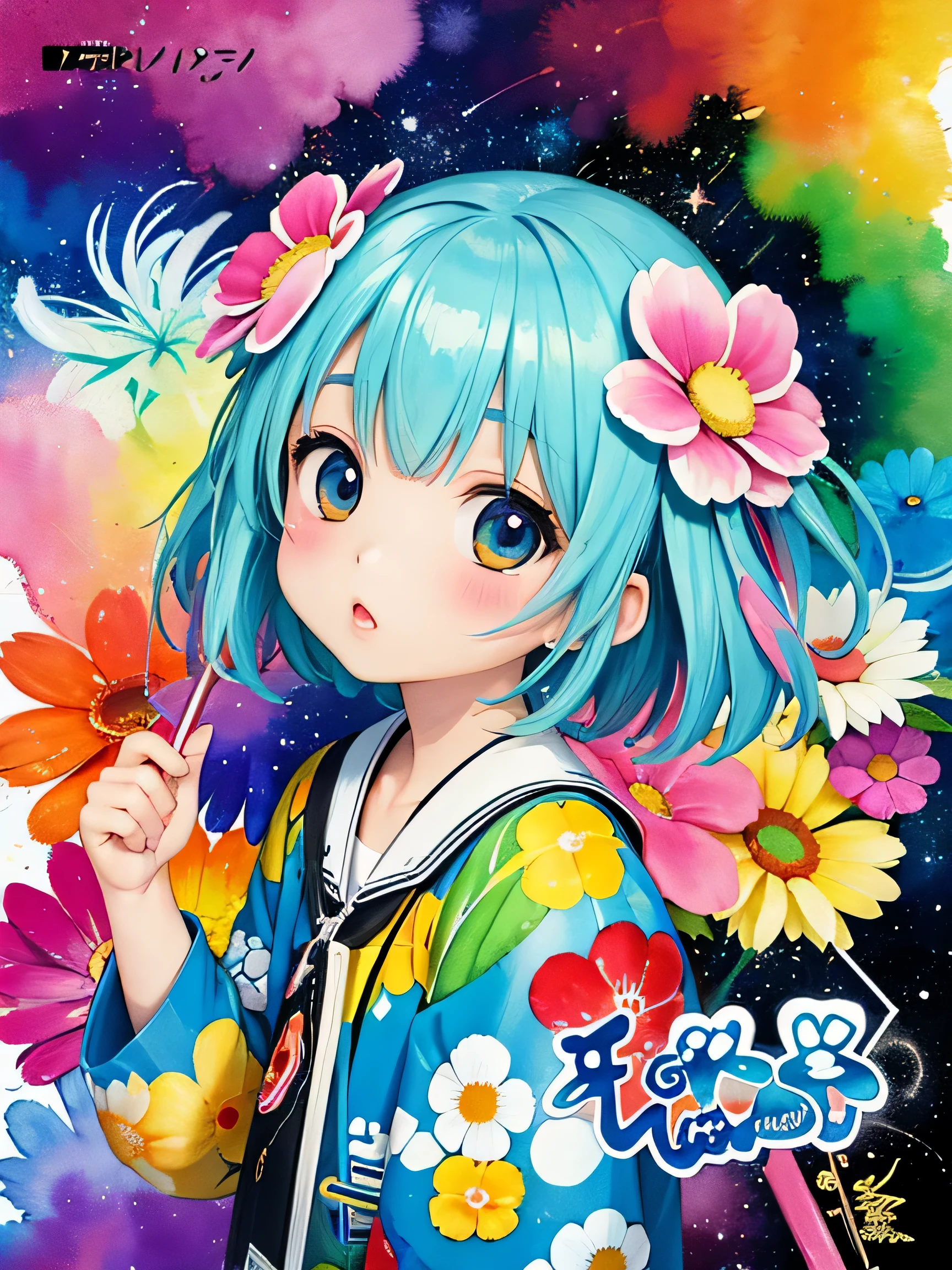 8K quality, Takashi murakami&#39;illustration of, intense watercolor, watercolor detailed art, watercolor splash, surreal, avant-garde pop art, Beautiful and expressive paintings, 美しいアートワークillustration of, very colorful tones, wonderful, cool beauty, highest quality,official art, vector art,stylish design, (((Chibi)))、 (((highest quality))), HDR, ((Detailed details)), (((graffiti art))), ((masterpiece))、((Super detailed))、(((colorful flowers)))、(((universe)))