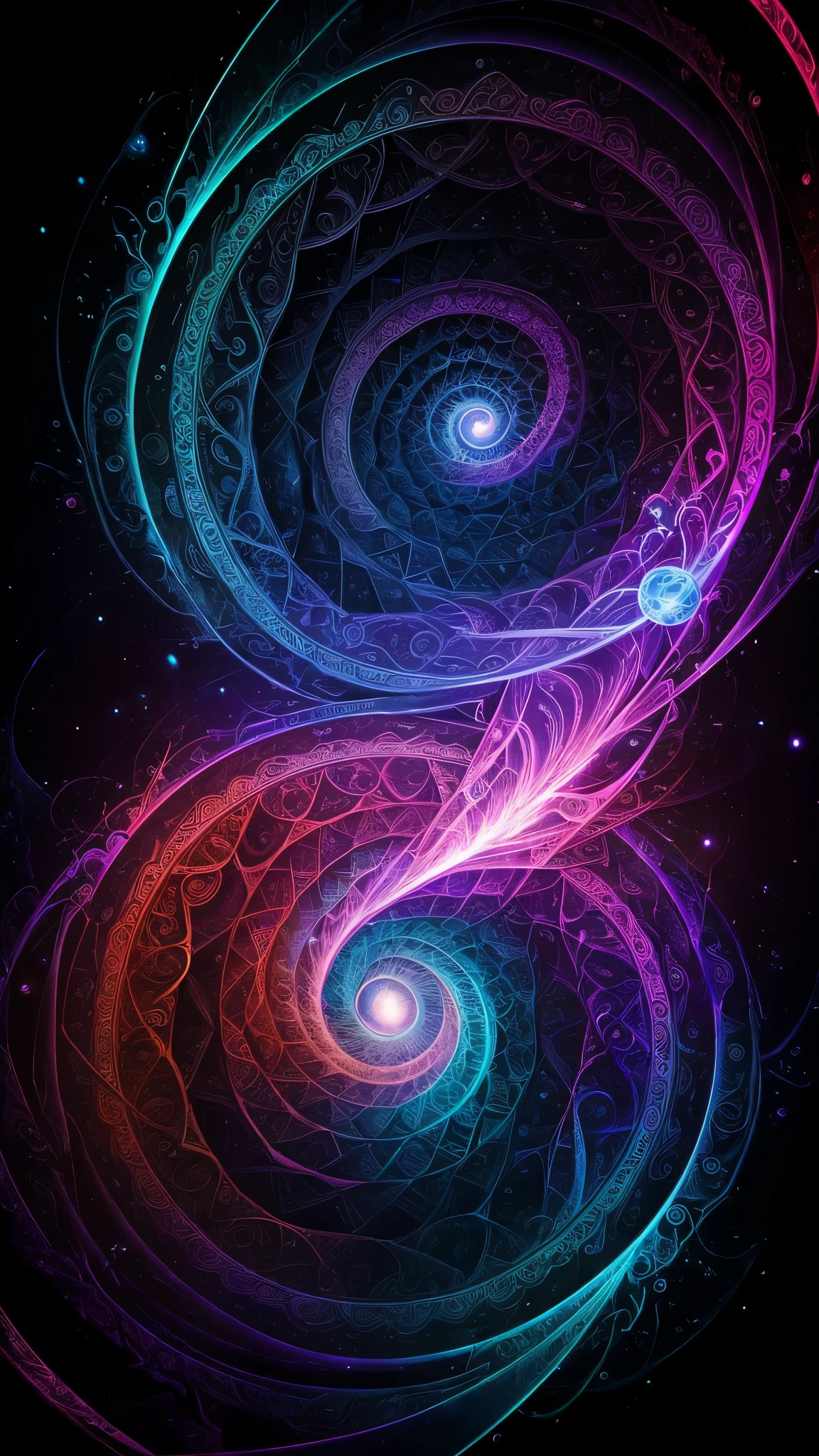 a breahtaking epic artwork of a mage, a spell breaking the laws of phisics, (will break your mind, patterns, science, determinism, fate), crazy, surreal, non stoping entropy, space-time fabric, particles. lines, rectangles, spiral, (fibonacci),water, simulation