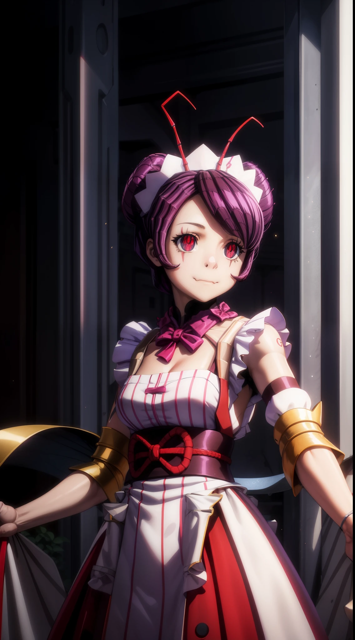 focused to upper body, realistic, 1girl, purple hair, sparkling red eyes, maid outfit, standing pose, (insect lair background), perfect limbs,