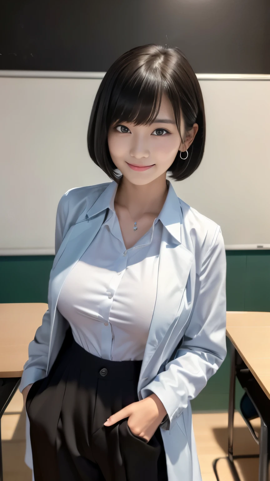 Masterpiece, Best-quality, RAW-photo, Ultra-High-Resolution, Photorealistic,
(Anatomically correct, -yeld, Restic Japanese girl, photographer's lover, She truly loves photographer, baby face,e, short height, thin waist, big breasts, Slender legs, Large breast, Realistic skin),
((high school teacher, Spring coat, dress shirt, pants:1.3)),
(maiko, Round face, Black hair, Black eyes, Moist eyes, Shining eyes, Short bob cut, Bangs, Down-slating eyebrows, one little earring, Light blush),
(See photographer, look at viewer, standing:1.3),
(Elegant goddess smile, seduce men),
(Japanese high school classroom, huge room, many students in the background, blackboard),
Natural lighting, full length