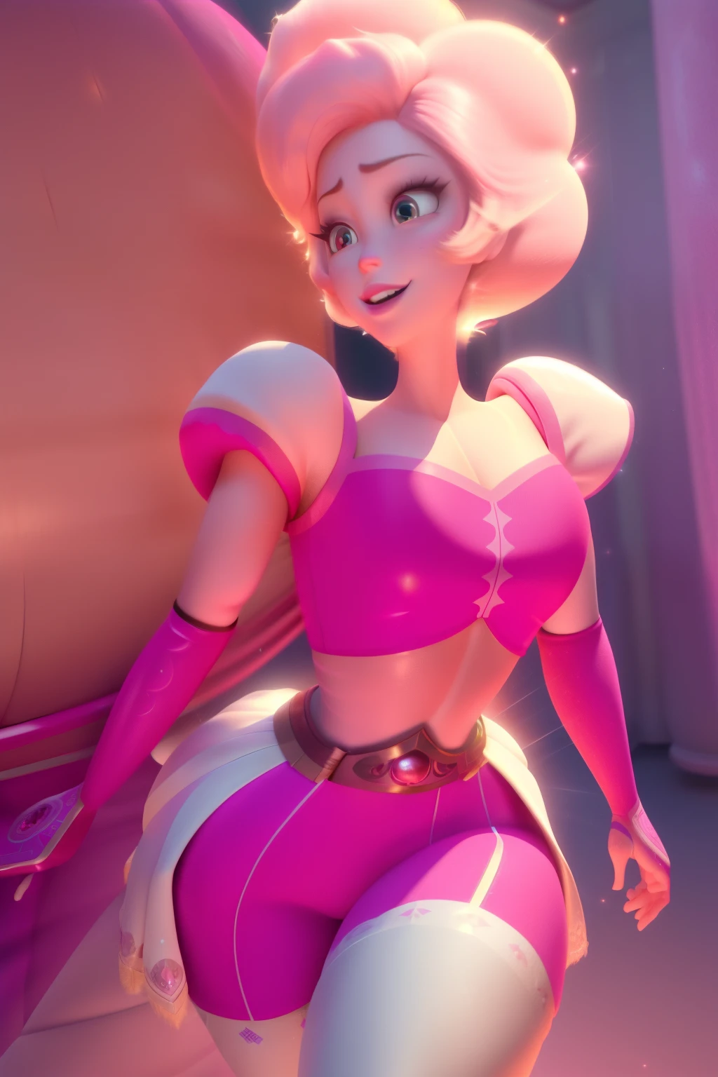 pnkdamond, pink hair, pink eyes, big hair, stomach gem, pink skin, toned,
puffy short sleeves, elbow gloves , white thighhighs, puffy dress,
standing, upper body,
outerspace,
(insanely detailed, beautiful detailed face,beautiful detailed eyes, masterpiece, best quality) cinematic lighting, smile,