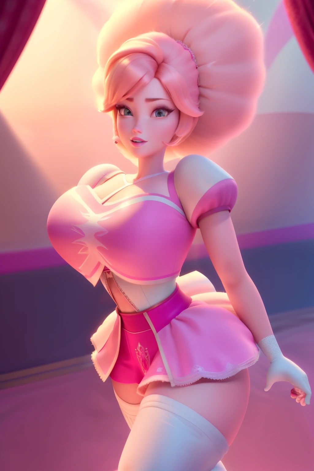 pnkdamond, pink hair, pink eyes,  big hair,  stomach gem,  pink skin,  toned, 
puffy short sleeves, elbow gloves ,  white thighhighs,   puffy dress, 
standing, upper body, 
 outerspace,  
(insanely detailed, beautiful detailed face,beautiful detailed eyes, masterpiece, best quality) cinematic lighting,  smile, 
 