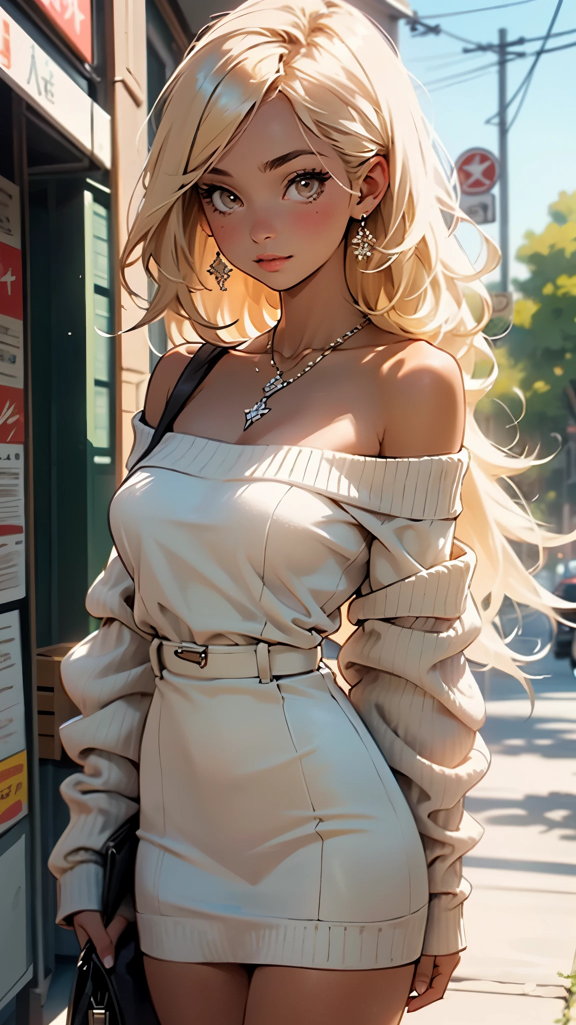 1girl in, age19, Solo, Long hair, Colossal , Looking at Viewer, blondehair, Bare shoulders, Brown eyes, jewely, Full body, a necklace, off shoulders, Sweaters, Realistic, A sexydia, (chromatic aberration, intricate details)