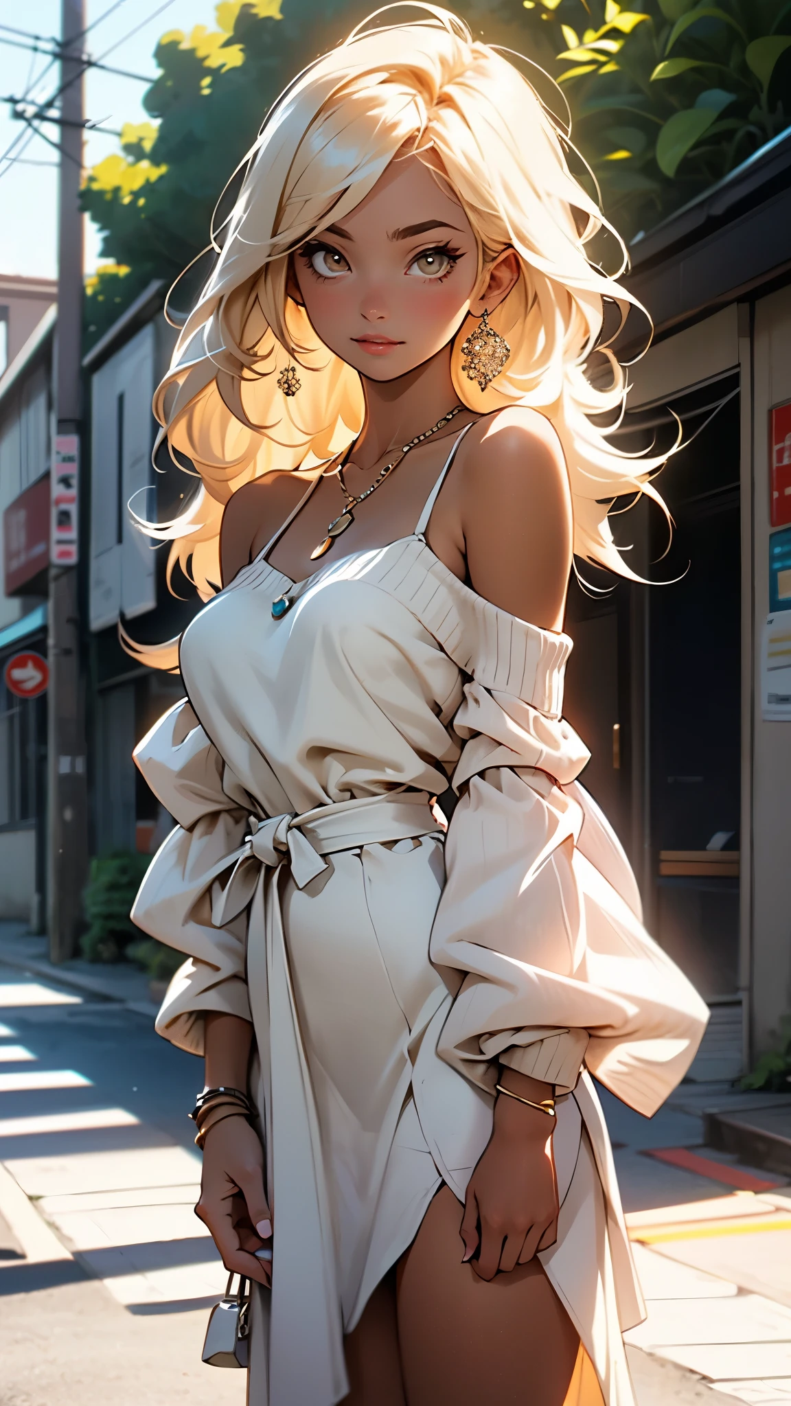 1girl in, age19, Solo, Long hair, Colossal , Looking at Viewer, blondehair, Bare shoulders, Brown eyes, jewely, Full body, a necklace, off shoulders, Sweaters, Realistic, A sexydia, (chromatic aberration, intricate details)