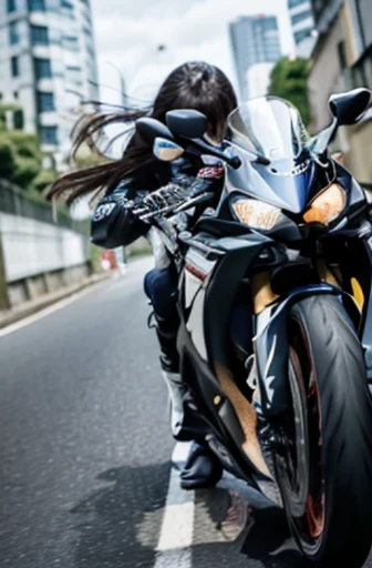 (Best Quality), Masterpiece, Ultra-high-resolution photos,1 girl in, Big motorcycle ride, Motorcycles driving through the city at high speed, (slow motion: 1.3), (motion blur: 1.4), (Speed Line: 1.4), sense of speed, panning shot