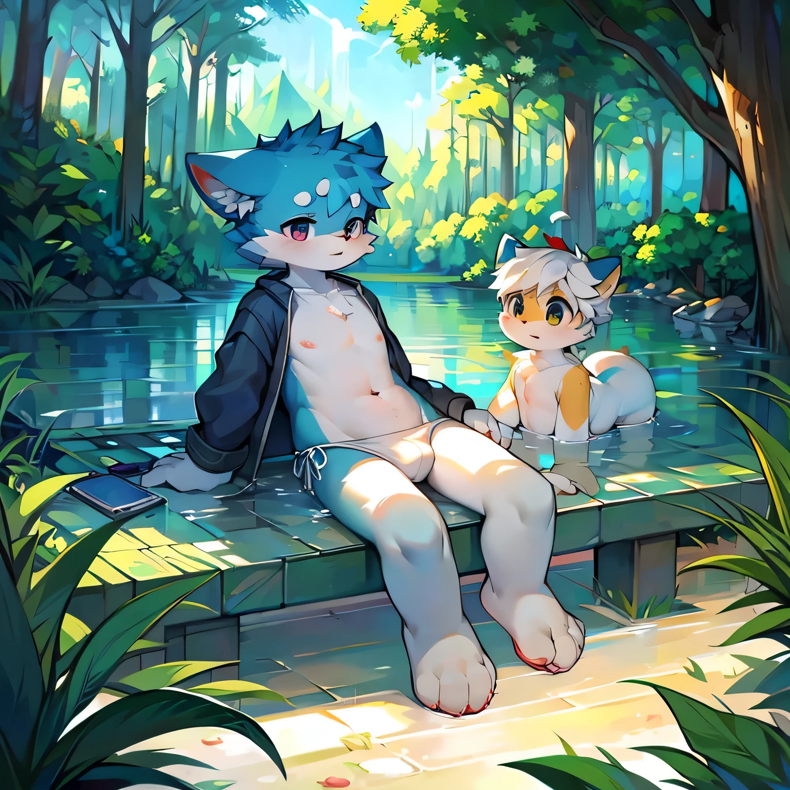 hairy,swim,(best quality),(masterpiece),Wear only transparent thongs,no shirt,no coat,lying in water