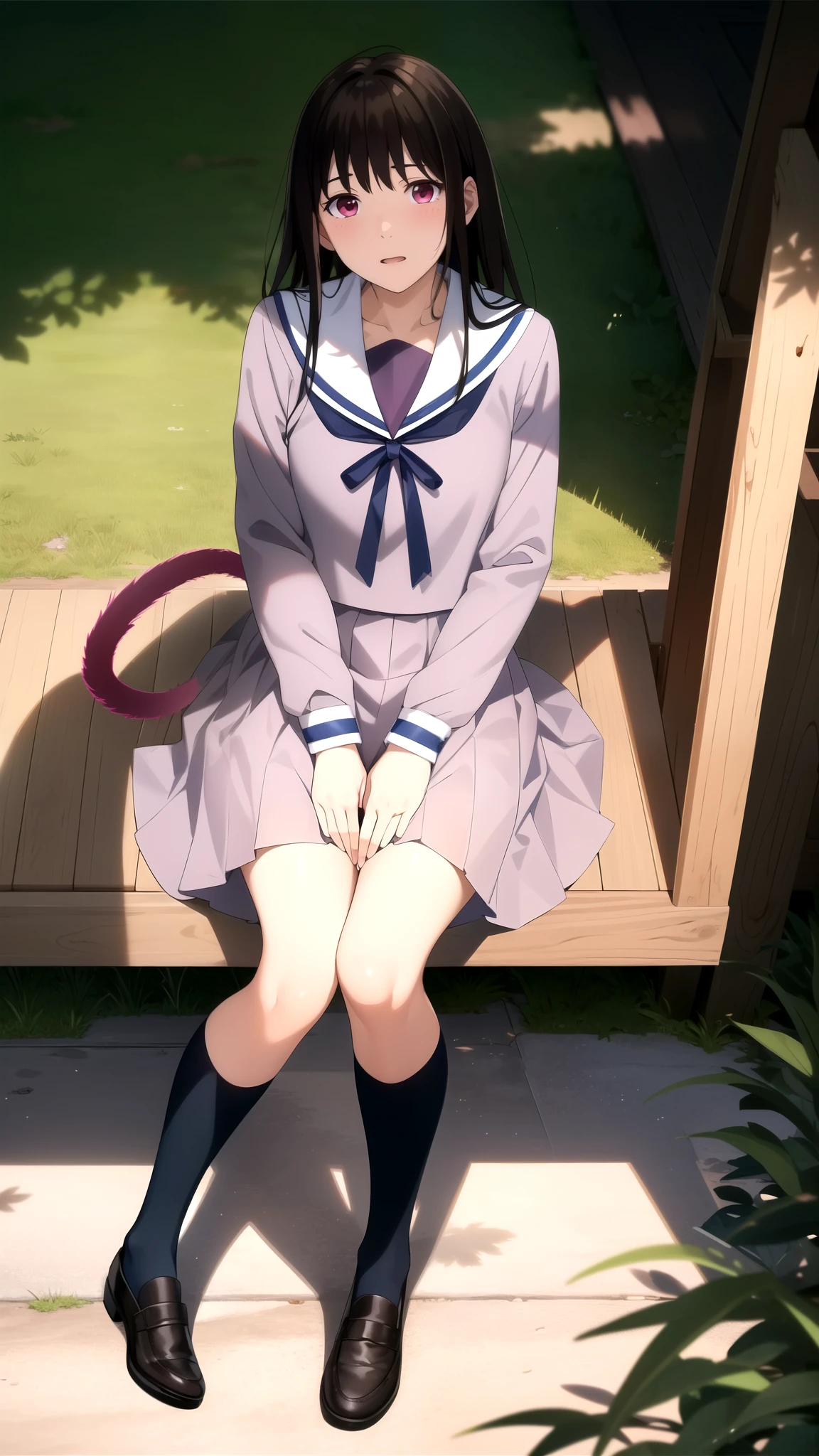 (extremely detailed fine touch:1.2), (natural light, sun light, light rays, dappled light, reflection, shadows, ray tracing:1.2),  masterpiece, best quality, highly quality  ,   ikiHyr-Kj , skirt, blue neckerchief, , sailor collar, shirt, serafuku, tail, face close up , shoes, black kneehighs , outdoors  , vegetation around ,  (blush:1.2) , selfie , from above , full shot