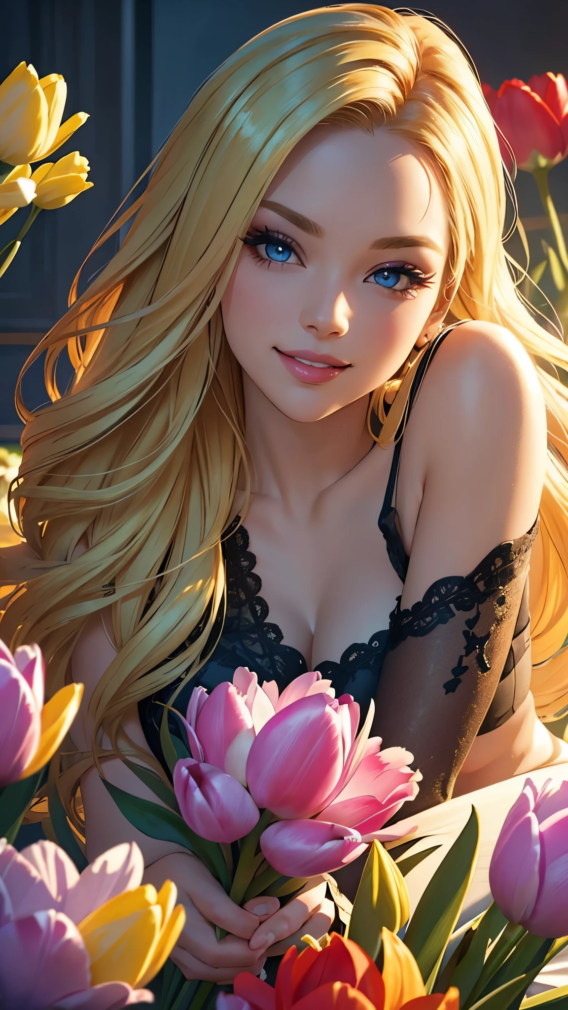 (Best quality,ultra detailed,photorealistic:1.37),Bright and rich colors,studio lighting,playful facial expression,stylish makeup,Long blonde hair fluttering in the wind,inviting eyes,glossy lips,sexy pose, Tulips, I smile confidently and seductively,posing for a professional photo shoot,shallow depth of field,highlighting the main subject,soft natural light,Creating a dreamy and magical atmosphere.