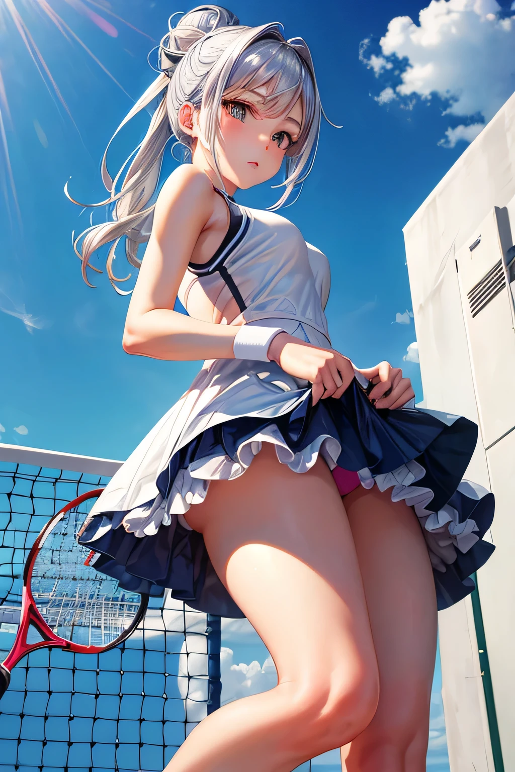 ((front)、)panty shot、tennis wear、Beautiful Girl Magician、((silver hair upstyle))、((whole body))、(((photo taken from below)))、Tennis court
