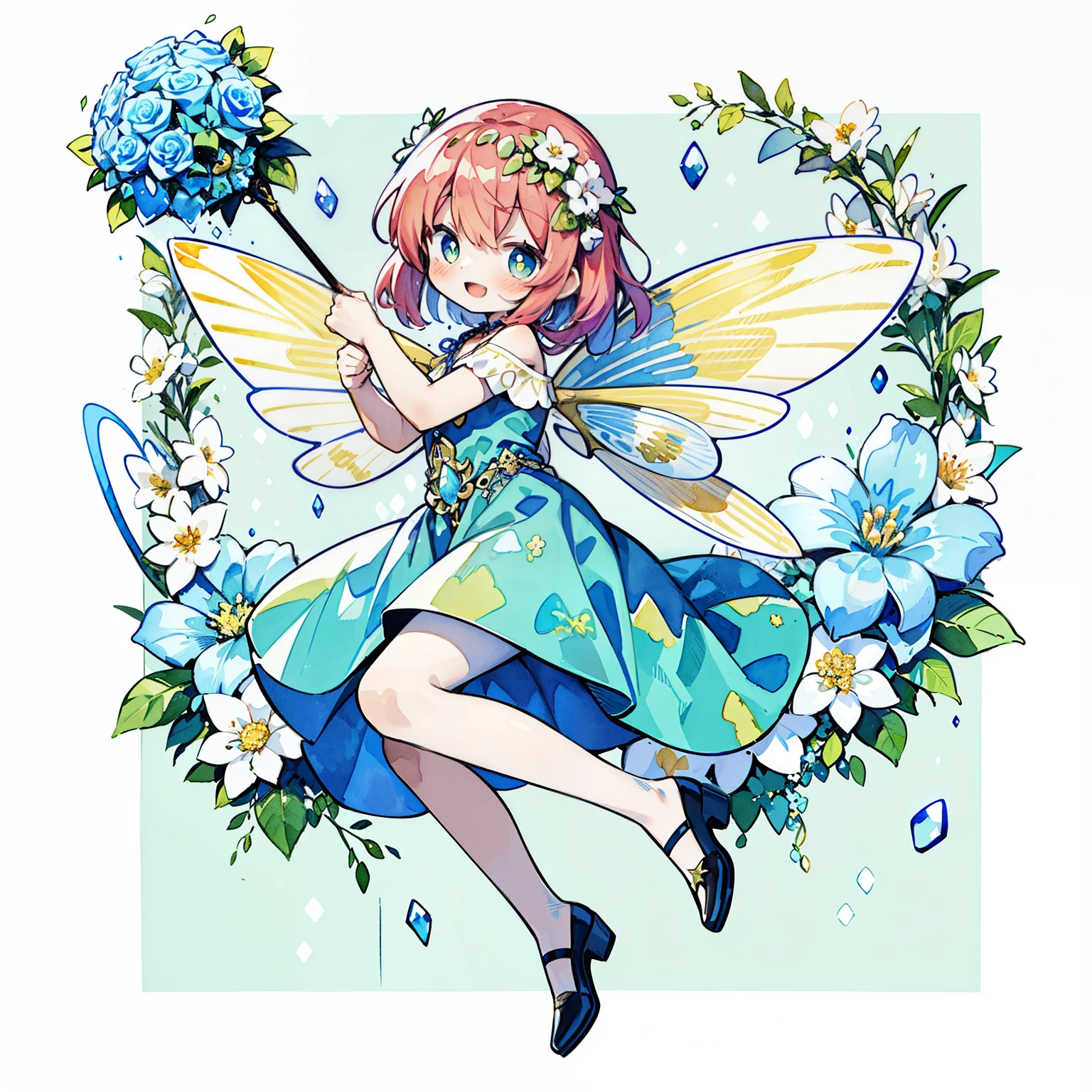 Pastel Watercolor、redhead, 1 girl, (Wearing large transparent fairy wings with polka dots:1.3)、Striking an action pose、braid hair:1.3,
smile with open mouth、Full body Esbian、From the side、beautiful features、brightly colored eyes、Wearing intricate and delicate ornaments、shining aura、shining hair,Illuminated by the morning light、spring wreath、Pale yellow-green background、Fairy with a bouquet of flowers、Fancy Fairy、jump、floating、