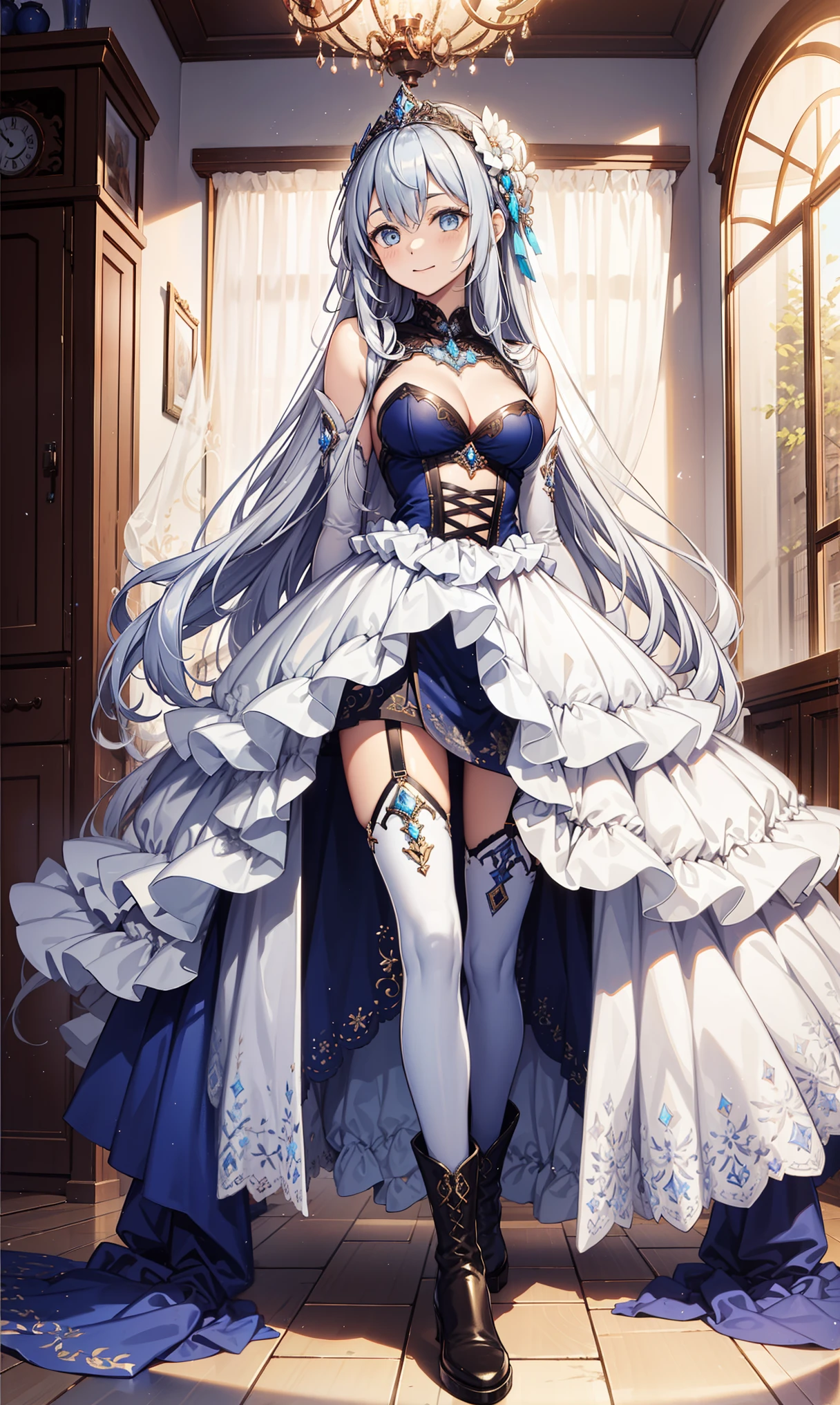 saints,Attractions,having fun,in love,(Western magic white dress),silver hair,blue eyes,see through transparent clothes,Exquisite hair accessories,Transparent lace,Sky blue pattern,night,dress nicely,bedroom,the only person,night,Carved suspender boots