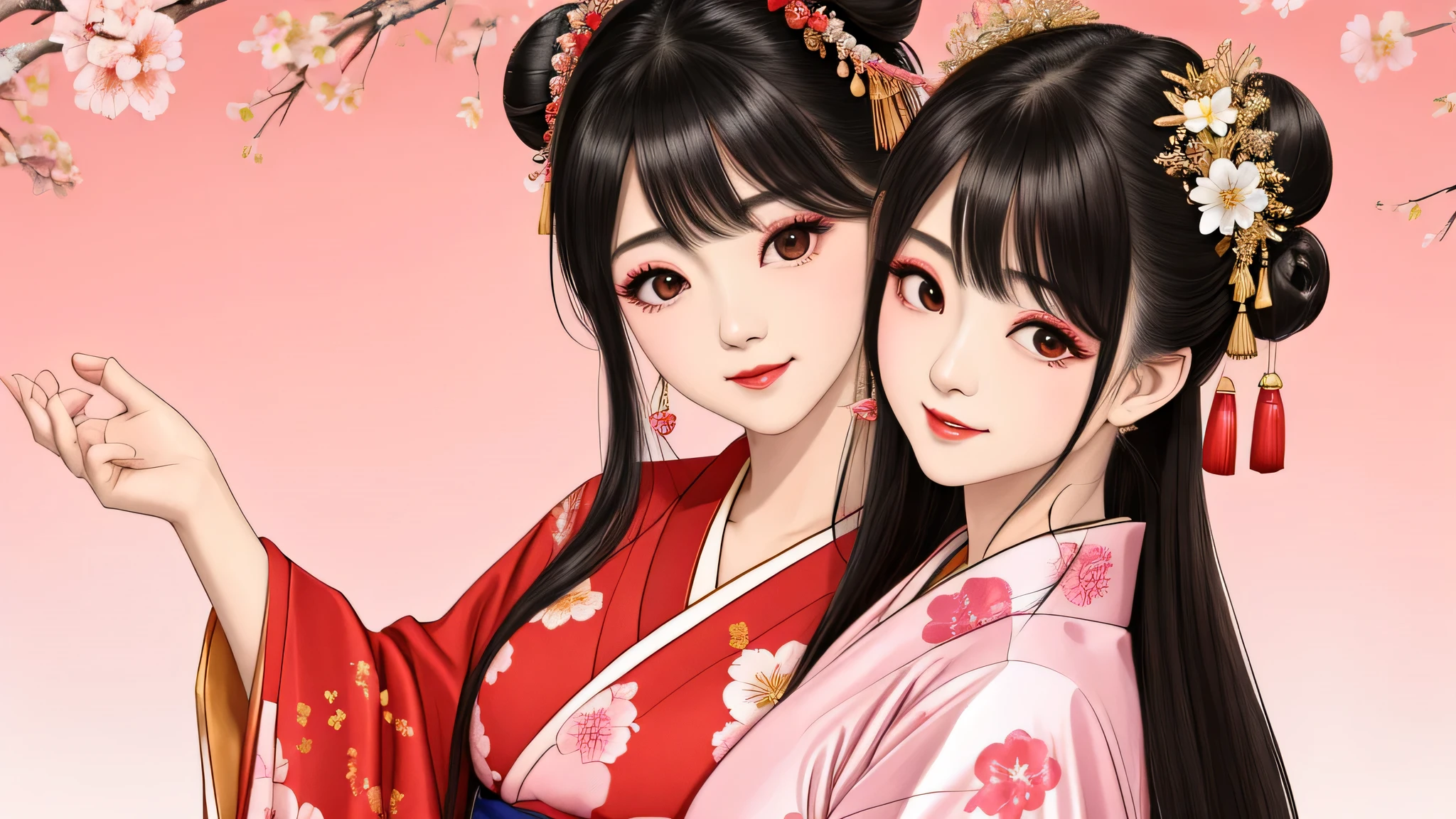 Each has a different expression2People and sisters、(2 girl)、⦅Dancing elegantly in traditional performing arts)、((big breasts、small face、not exposed))、highest quality、masterpiece、(black hair、bun hair)、brown eyes、⦅wide angle、Angle from above, from the waist up、雑誌の表紙のstop temporarily、The way people see things in the distance differs from person to person.⦆、(8K high quality、masterpiece、High resolution、Realistic and beautiful light and shadow、(highest quality)、(High resolution)、(very delicate and beautiful)、(Beautiful 8K face)、(Close your eyes while smiling、beautiful eyes)、(transparent skin)、(Soft bristles)、(8head and body)、(red Japanese style yukata, pink, and orange floral pattern on a white background, mixed with gold powder、Wearing a yukata2日本の美しいgirl)、((tanabata decoration background))、((small face))、(Raise the hand)、thin and small nose、(red lipstick)、(make your cheeks red)、(Glossy skin)、((Ink painting style))、extremely thin eyebrows、Super high quality overall、(she wears maiko style makeup)、whitening、long and beautiful eyelashes、Glossy skin、(red cheeks),straight nose、masterpiece、highest quality、whole body、 eyebrows visible through hair、bun hair、grin and laugh、gal、コgal、viewer'point of view、plaid、Snazzy、woman、Are you okay、stop temporarily、
waiting to start