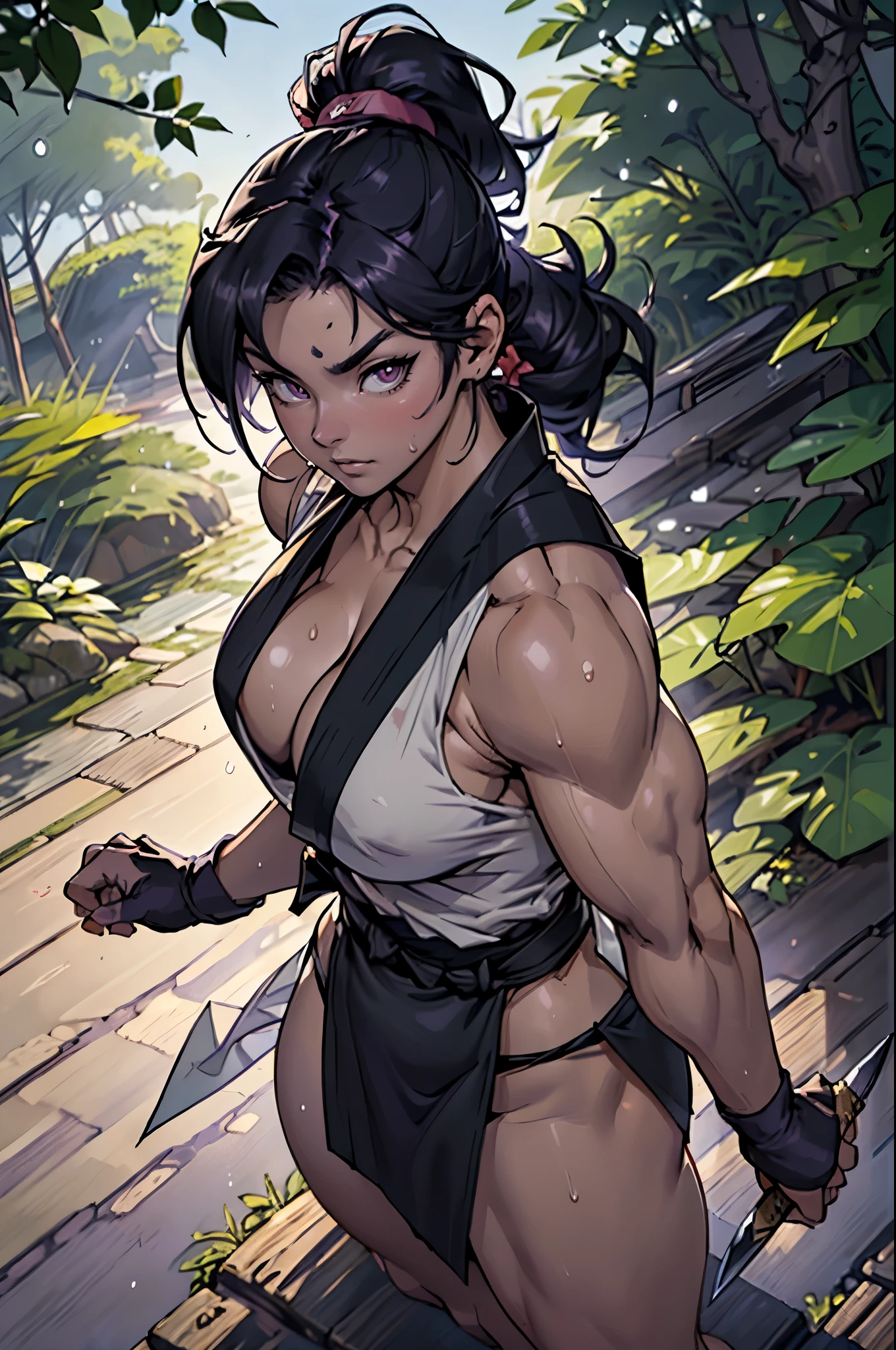 (masterpiece, ultra quality, Beautiful detailed, extremely detailed,16K, exquisite, absurdity, highres, Beautiful background, Beautiful eye, Beautiful skin, anime style), (upper body focus:1.4), Dynamic composition with depth、fisheye lens, ((A girl standing with a sword)), battoujutsu, prepare the sword, fingerless gloves, perfect hands, (knife, 詳細なknife), ((Uplifting)), (視聴者に向かってrunning), running, looking at the viewer, 1 female, solo, Azumi-chan 1, Kunoichi、(((Dark purple sleeveless kimono:1.2)), ((No sleeve)), ((Black belt)), ((dark purple loincloth)), fun-etchu, Kunoichi costume, dark red eyes, Tree eyes, thick eyebrows, (thick glossy lips:1.1), (huge saggy breasts:1.2)、cleavage、(bouncy breasts:1.2)、covered nipples, ((muscular)), beautiful legs, cameltoe、anger、black hair in high ponytail、bouncing hair、fluttering hair、sweaty:1.2、Sweat droplets、outdoor、in the forest、cinematic lighting, sunshine, (overhead view background:1.4), sights of japan