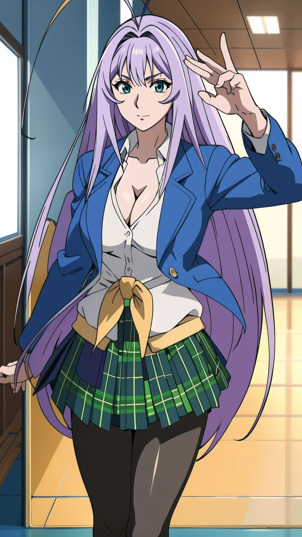 masterpiece, best quality, highly quality ,Maya-Natsume-KJ, cleavage, very long hair, ,  blue jacket, pantyhose, green plaid skirt , ahoge , selfie , school