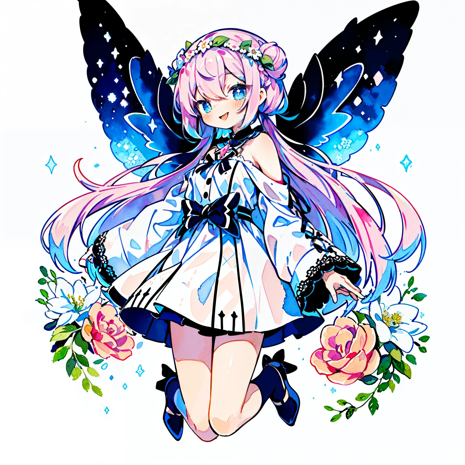 Pastel Watercolor、redhead, 1 girl, (Wearing large transparent fairy wings with polka dots:1.3)、Striking an action pose、braid hair:1.3,
smile with open mouth、Full body Esbian、From the side、beautiful features、brightly colored eyes、Wearing intricate and delicate ornaments、shining aura、shining hair,Illuminated by the morning light、spring wreath、Pale yellow background、Fairy with a bouquet of flowers、Fancy Fairy、jump、floating、Sticking out tongue、(PastelColors:1.3)、(Cute illustration:1.3)、(watercolor paiting:1.1)、detailed pupil、open your mouth and laugh、best quality、highest quality、holding a bouquet of flowers、((Fairy wings made of delicate lace with correct details shine beautifully.:1.8))、((spring flower circle background、Smiling fairy with big fairy wings in pastel colors jumping in front of a spring wreath))、floating in the air、((pink bun head:1.8))、White ruffled dress、long sneakers、From the side、white background,(white theme:1.5), ((cute fashion, girly style):1.2), (cute white dress with lots of ribbon decorations:1.3), (all white one-piece dress:1.3), (fusion of white blouse with ruffled stand collar and tiered skirt with ruffles:1.4), ((cold shoulder, exposed shoulder skin):1.3), (long billowy sleeve with ribbon cuffs:1.3), (white ruffled short socks:1.3), BREAK (black ribbon bow:1.3), (lots of ribbon decorations on skirt:1.3), (black big ribbon on waist:1.3), (many bribbons on sleeves:1.3), (many ribbon decorations on dress:1.3), (black pumps with heels:1.2),