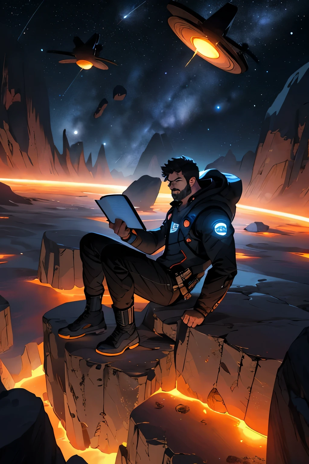 Draw a young programmer, sitting on a research platform floating in the middle of an asteroid belt. He is studying with a notebook, surrounded by several asteroids glowing with fiery auras. Dramatic lighting from distant stars and planets illuminates the scene, casting deep shadows on the suit. The young man looks confident and determined, looking at the vast and mysterious universe with wonder and respect,facial hair, cowboy shot,