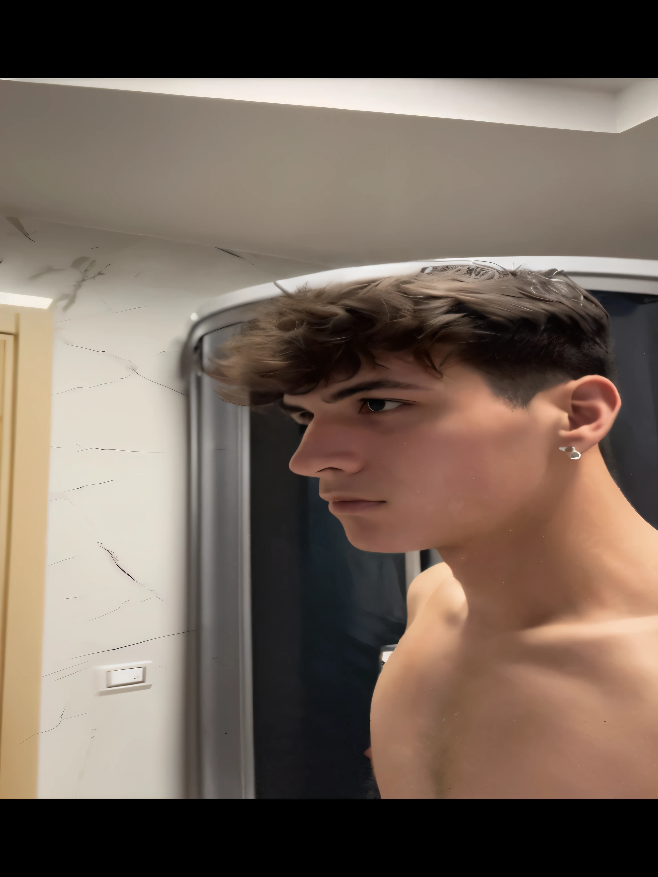 there is a man that is standing in front of a mirror, halfbody headshot, gauged ears, headshot profile picture, clean shaven wide face, 18 years old, twitch streamer / gamer ludwig, looking to the side off camera, slightly defined jawline, short hair on top of his head, tommy 1 6 