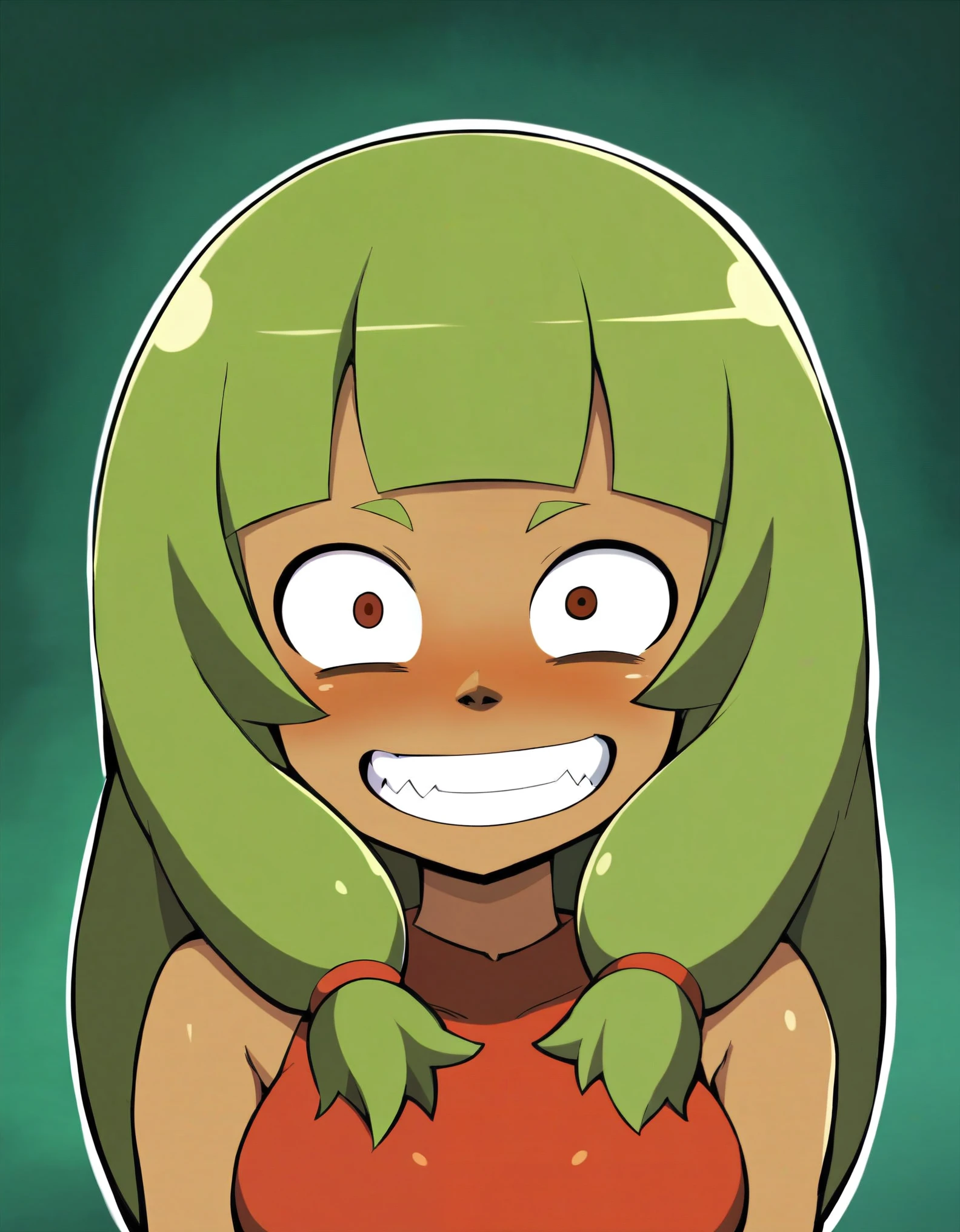 Masterpiece,8k,wakfu,1girl,solo,looking at viewer,blush,smile,green hair,teeth,grin,constricted pupils,
 