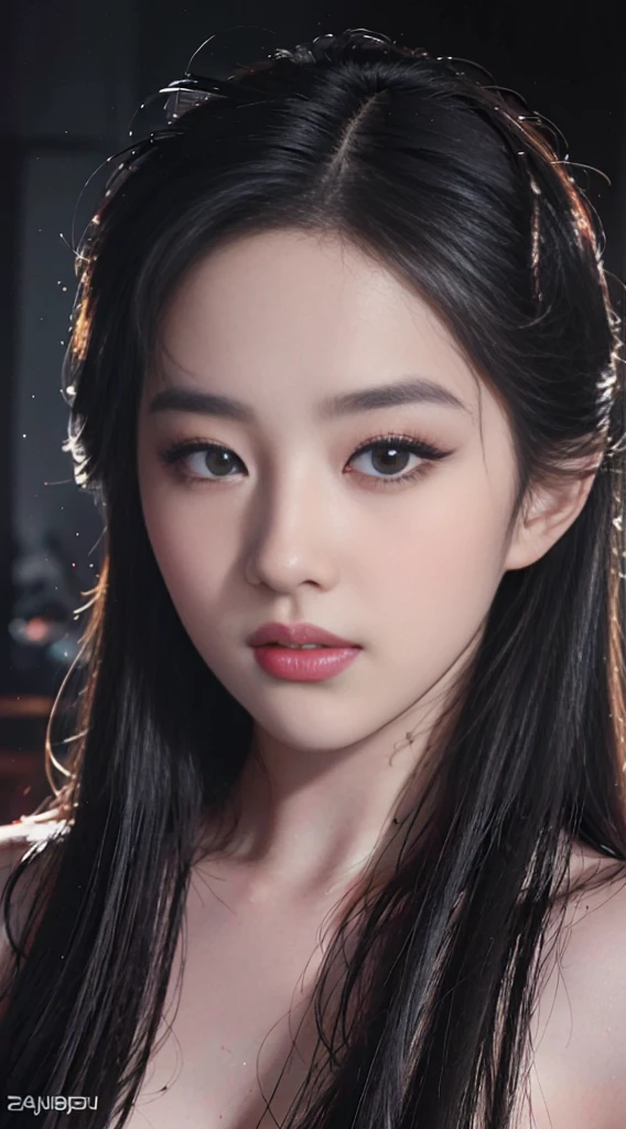 (best quality, 4k, 8k, high resolution, Masterpiece: 1.2), very detailed, (realistically, As realistic as a photo, photo realistic: 1.37), Beautifully detailed eyes, Beautifully detailed lips, ดวงตาและใบหน้าที่very detailed, Long eyelashes, Portrait, Lighting ,Dark, evil smile Sharp focus, warm tones, subtle shadows, contrasting colors, intense stare, flesh, shiny lips, expression, mischief, dark background. horrifying beauty Delicate face, wrinkles, glowing skin ghastly charm ,Stunning light,Subtle highlights,Darkness and mystery,charming,sparkling eyes,evil smile,Glamour,Haunting beauty,mischievousness,intense presence,full length picture