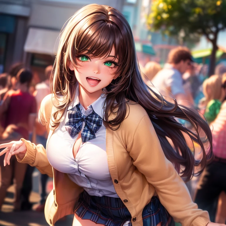 ((masterpiece, best quality, highres, UHD, perfect pixel, depth of field, 4k, RTX, HDR)), 1girl, single, solo, beautiful anime girl, beautiful artstyle, anime character, ((long hair, parted bangs, brown hair)), (green eyes:1.4, rounded eyes, beautiful eyelashes, realistic eyes), (detailed face, blushing:1.2), (smooth texture:0.75, realistic texture:0.65, photorealistic:1.2, anime CG style), medium breasts, (dynamic angle, dynamic pose:1.4, looking to viewer), perfect body, busty, ((JK , plaid skirts, neck bowtie, cardigan)), smile, open mouth, leaning forward, amusement park