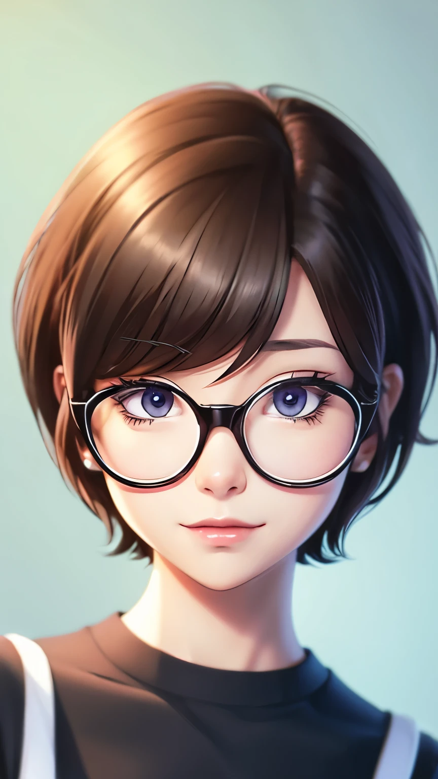 Cute cartoon anime woman with short hair and glasses.